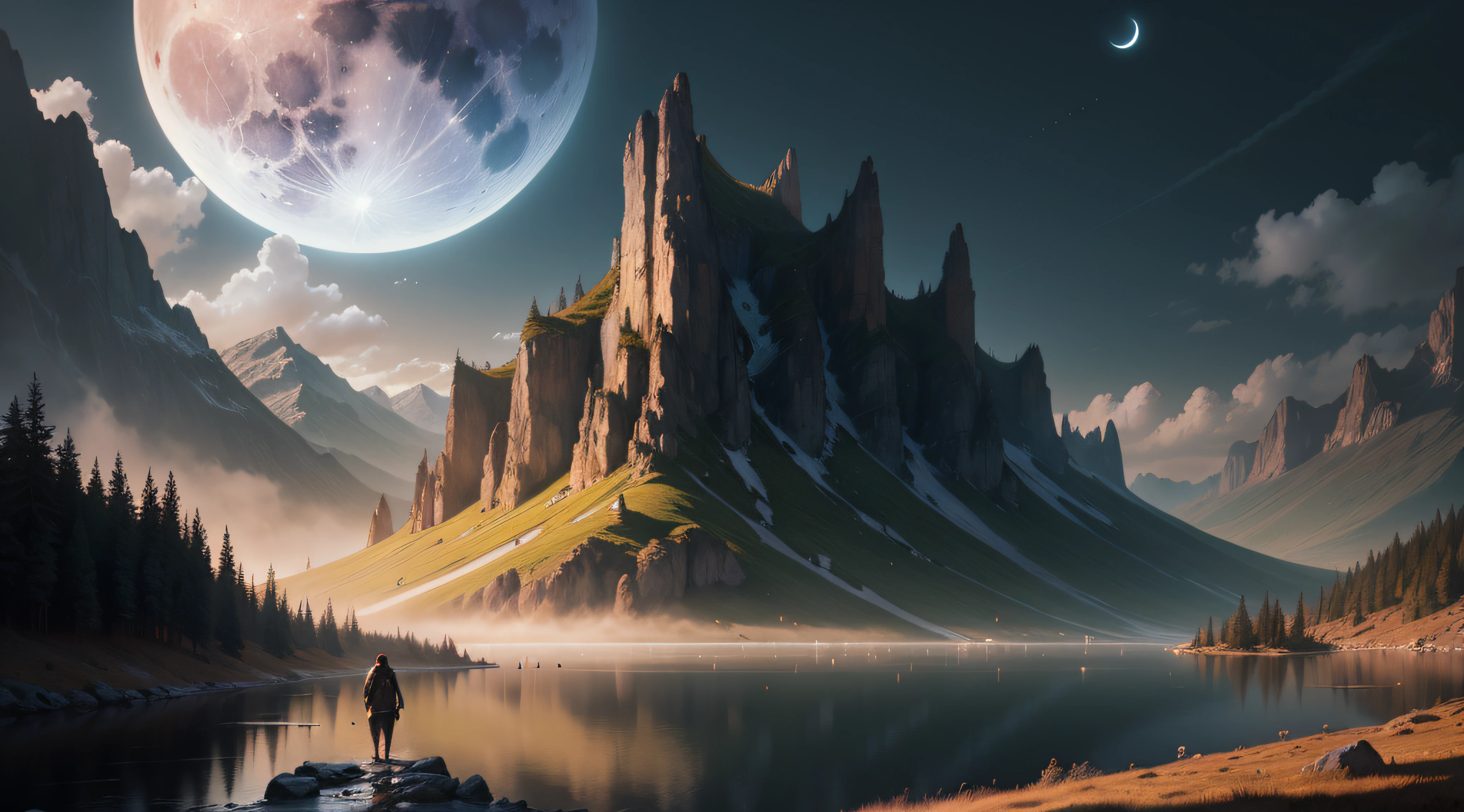 Huge Full Moon, Forest, Lake, mountain, Epic cinematic brilliant stunning intricate meticulously detailed dramatic atmospheric maximalist digital matte painting