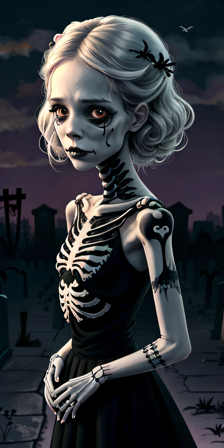 Skeleton girl in skeleton bride style,The background is a desolate cemetery at night,There are tattoos on the bones,Crying,Several crows flew in the sky