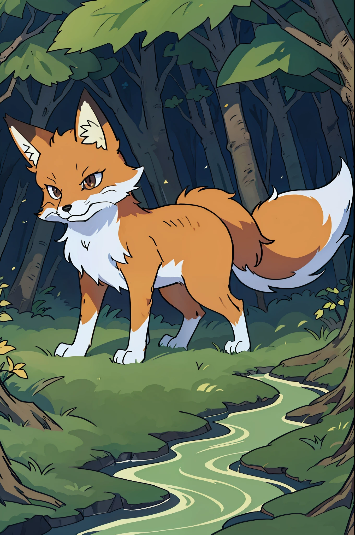 Fluffy fox in a forest, 2d anime style
