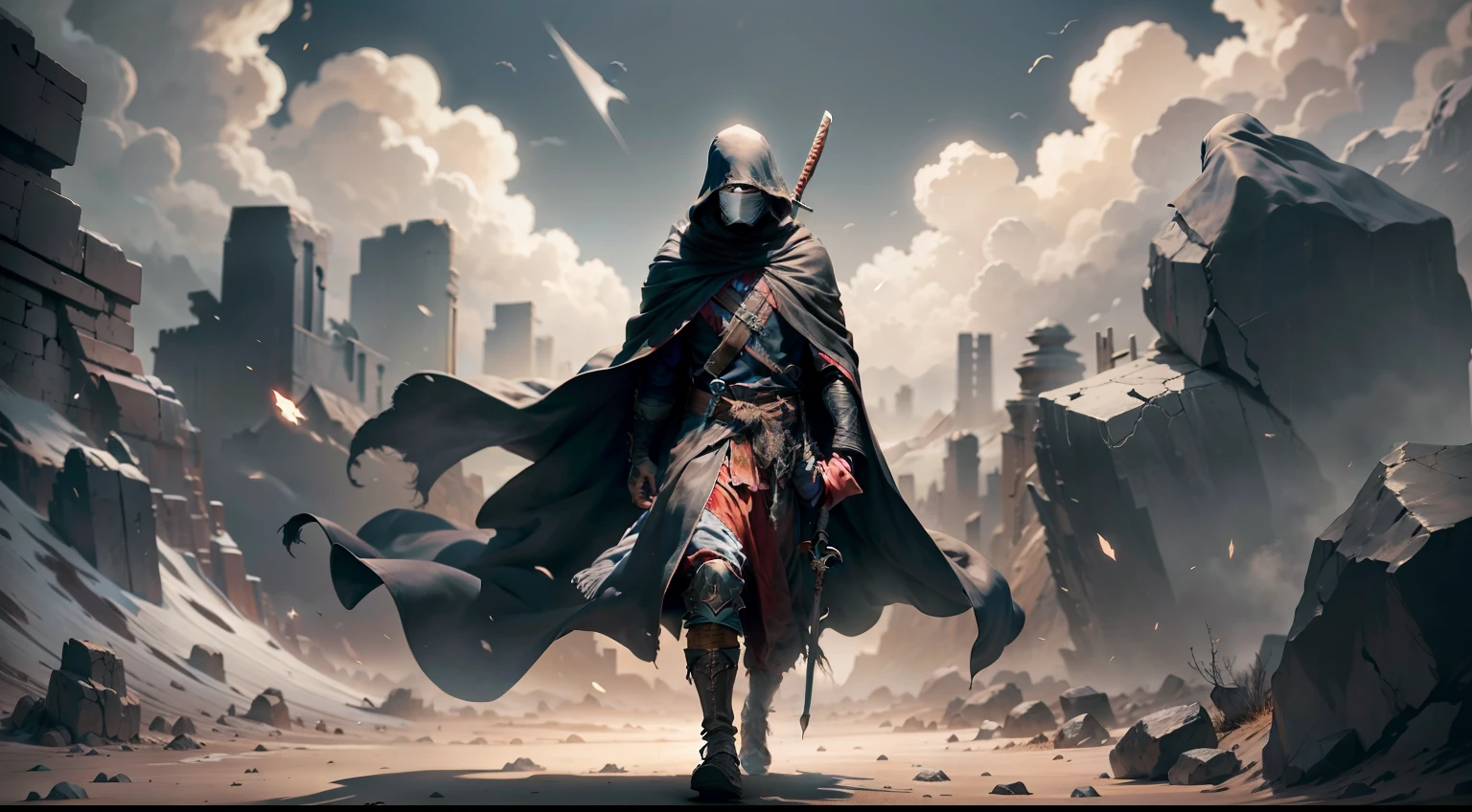 Wearing a straw cape on his head,The cloak covers the eyes,A look of vicissitudes,Face full of scum,Tattered cloak,The wind blows the cloak and swings,A lonely warrior with a sword box walks in the bleak desert,Broken rocks,Lonely shadow
