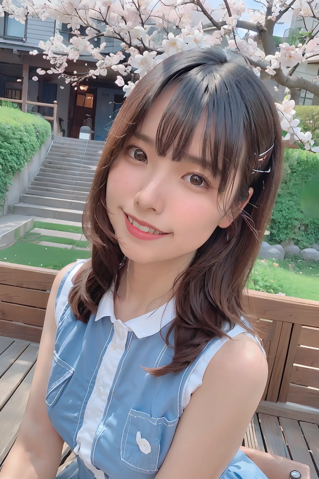 best quality, ultra high res, (photorealistic:1.4),blush,cute,(detailed face),light smile,
looking at viewer,
upper body, japanese clothes,
sunny,river,(cherry blossoms),blue sky,