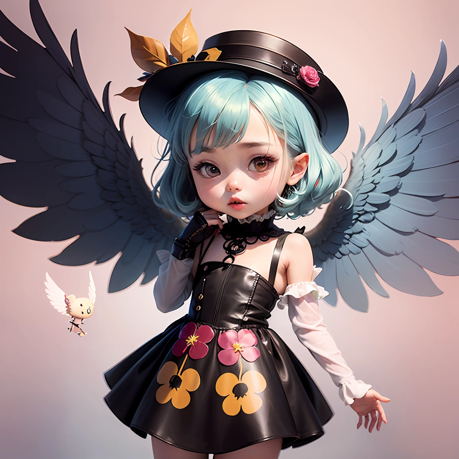 A girl in a colorful hat and a dress with pairs of wings on her back, chibi girl, in dress, loliwaii chibi, inspired by lyki, chibi art, inspired by Tahara Gu Soda, inspired by Yunduxue, inspired by Wang Lu --auto
