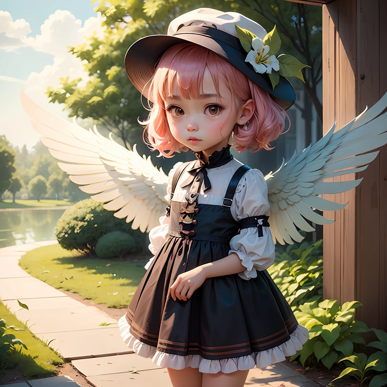 A girl in a colorful hat and a dress with pairs of wings on her back, chibi girl, loli in dress, loli, kawaii chibi, inspired by lyki, chibi art, inspired by Tahara Gu Soda, inspired by Yunduxue, inspired by Wang Lu --auto