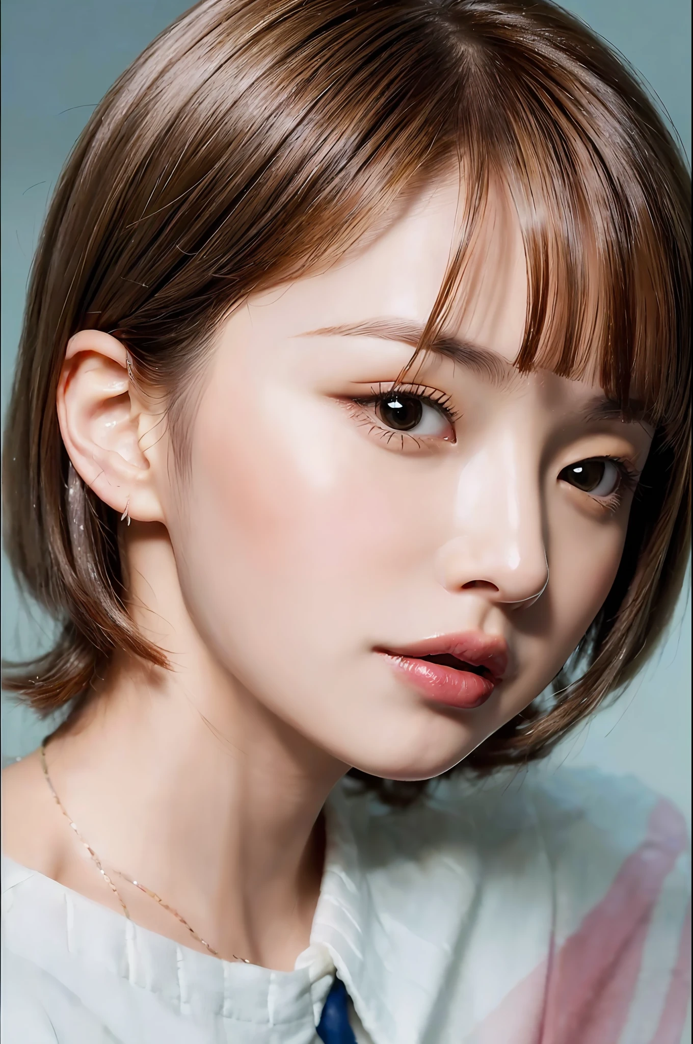 girl with,Ultra detailed skin,Ultra-fine,Brown-eyed,drooing eyes,high detailing,(short-haired with bangs:1.2),(Photorealsitic:1.4),(Top image quality:2.0),(超A high resolution:1.0),8k wallpaper, (masterpiece:1.5),(pureerosface:1.5),big eye,White and beautiful skin,(white shirt,open-shirt),(Lips shining with lip gloss:1.5),Face Focus