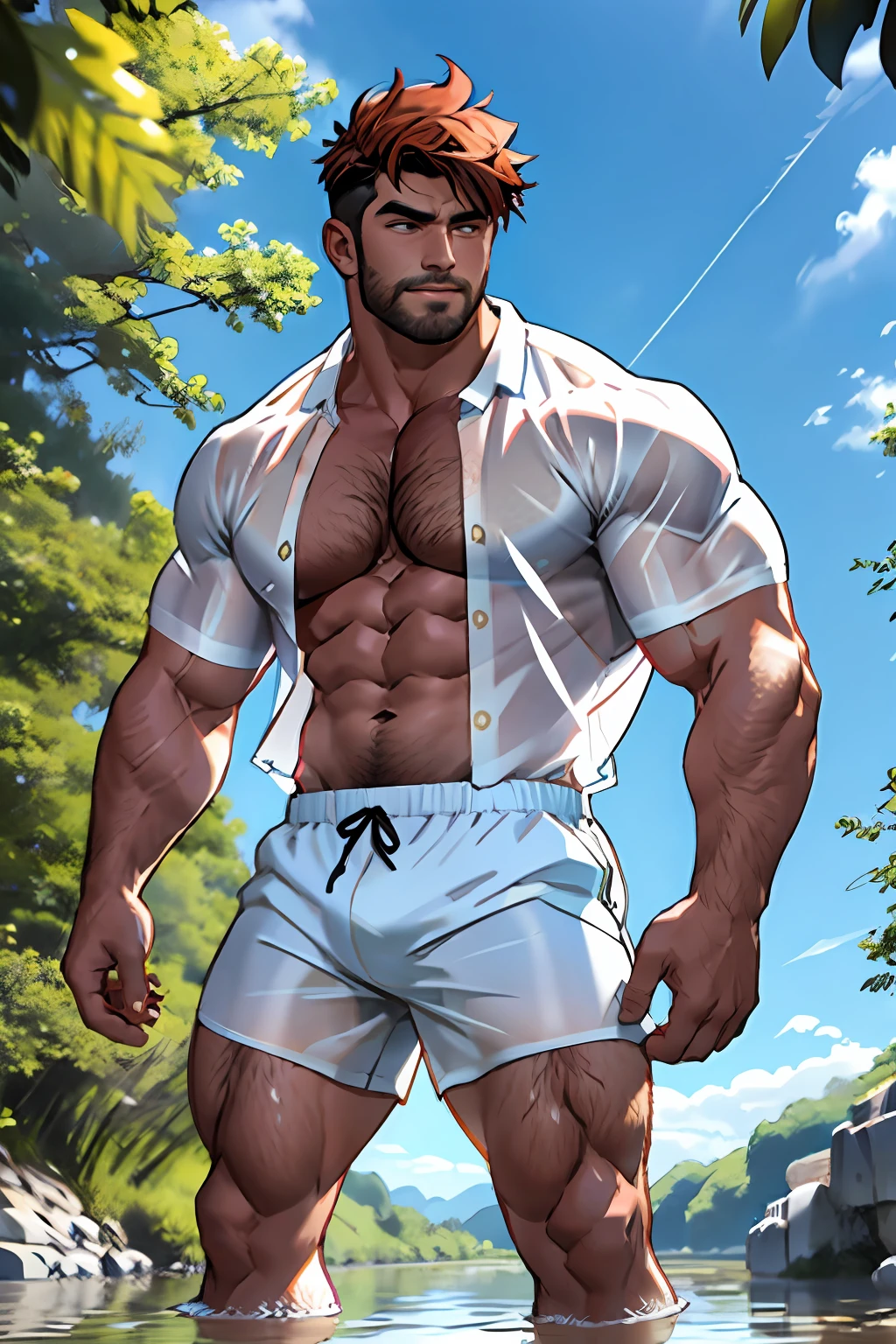 A barbarian，He wears white transparent shorts and a shirt，The man looks confident and determined，Chest hair，Leg hair，pubes，Standing in the river，short detailed hair