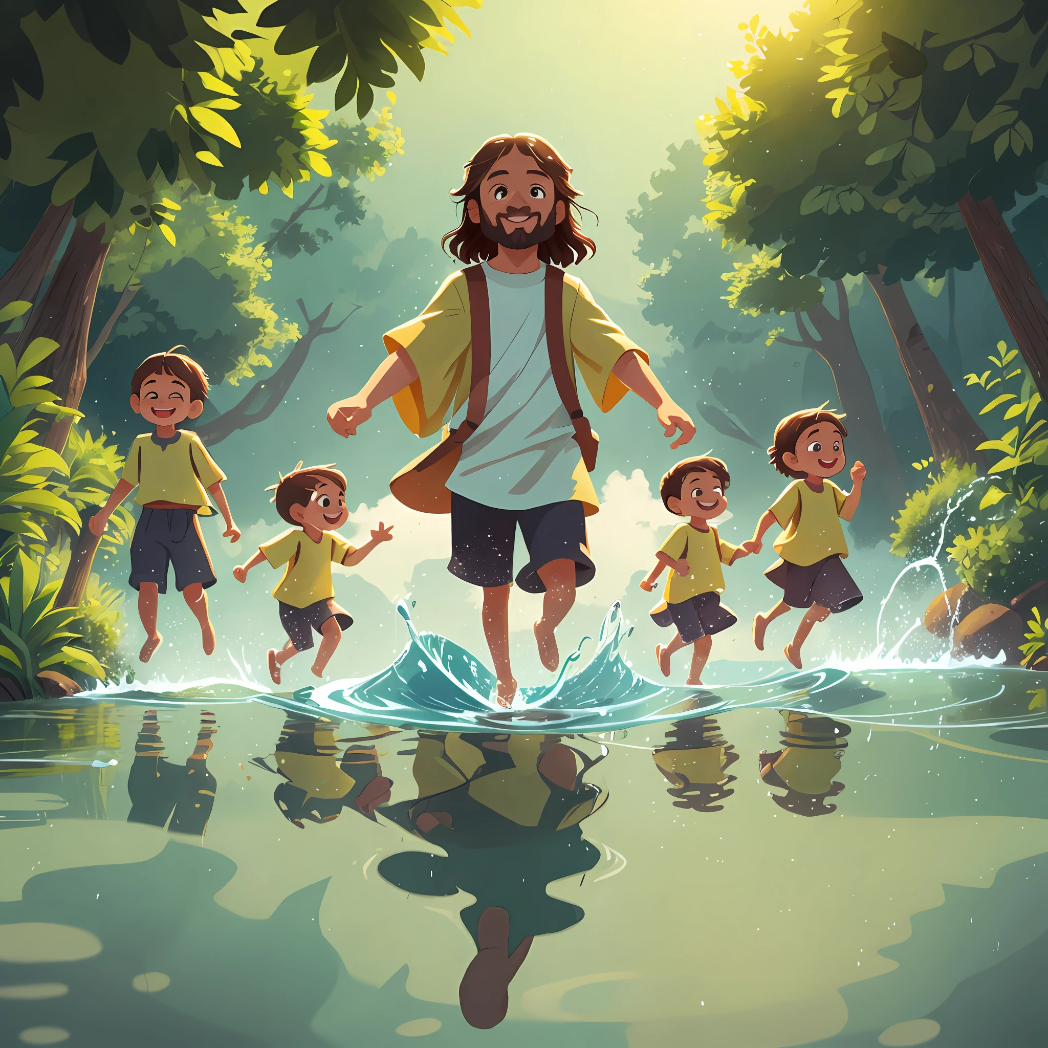 Create an image of Jesus Kids walking on water, with a quiet smile on his face,