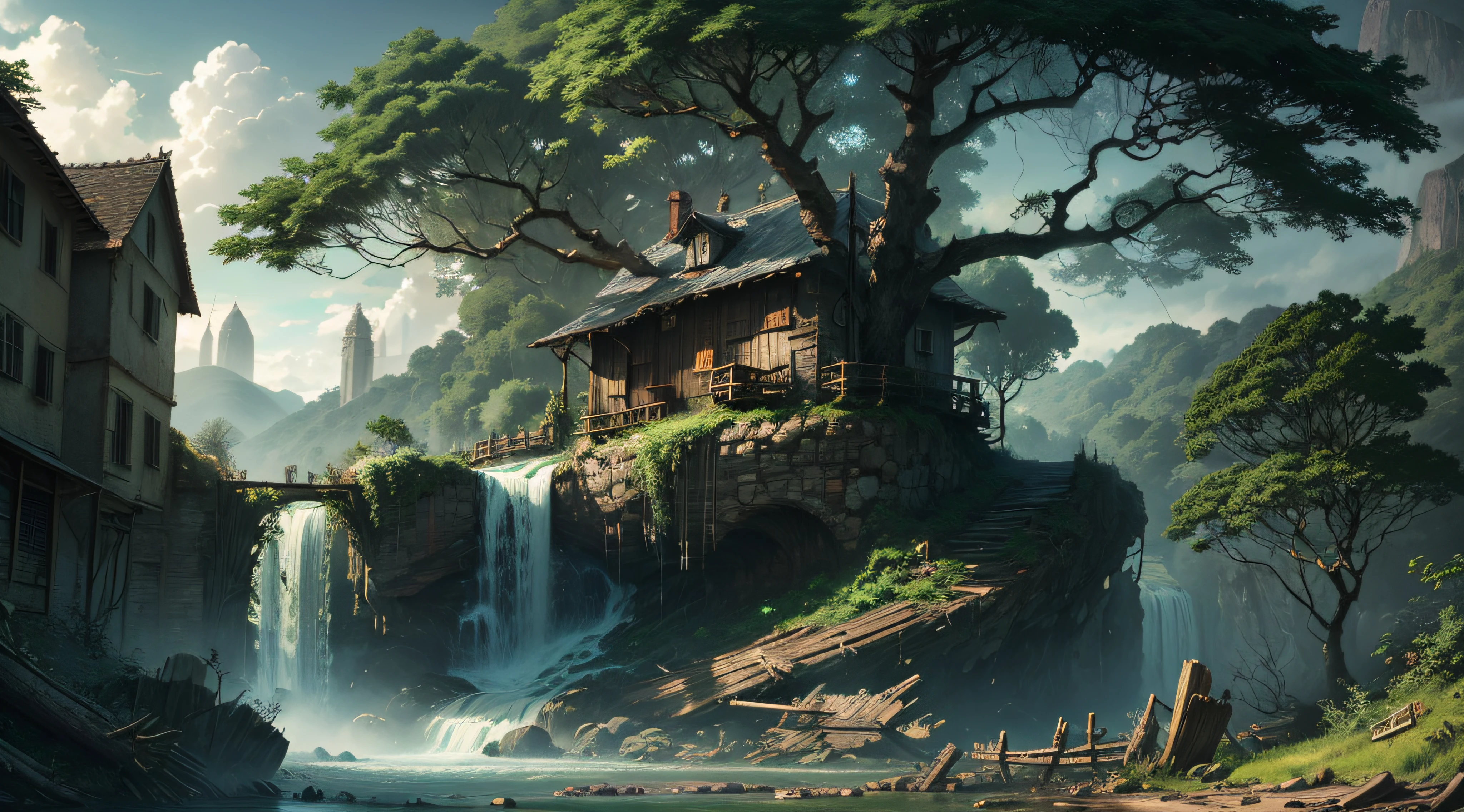 Gigantic colorful trees with many vines, palmeiras, coqueiro, fallen logs, a watermill with a waterwheel, moinho de vento, numa cachoeira exuberante, rio com grandes rochas hiper realista, sky with clouds, sol, lua, global ilumination, profundidade de campo,