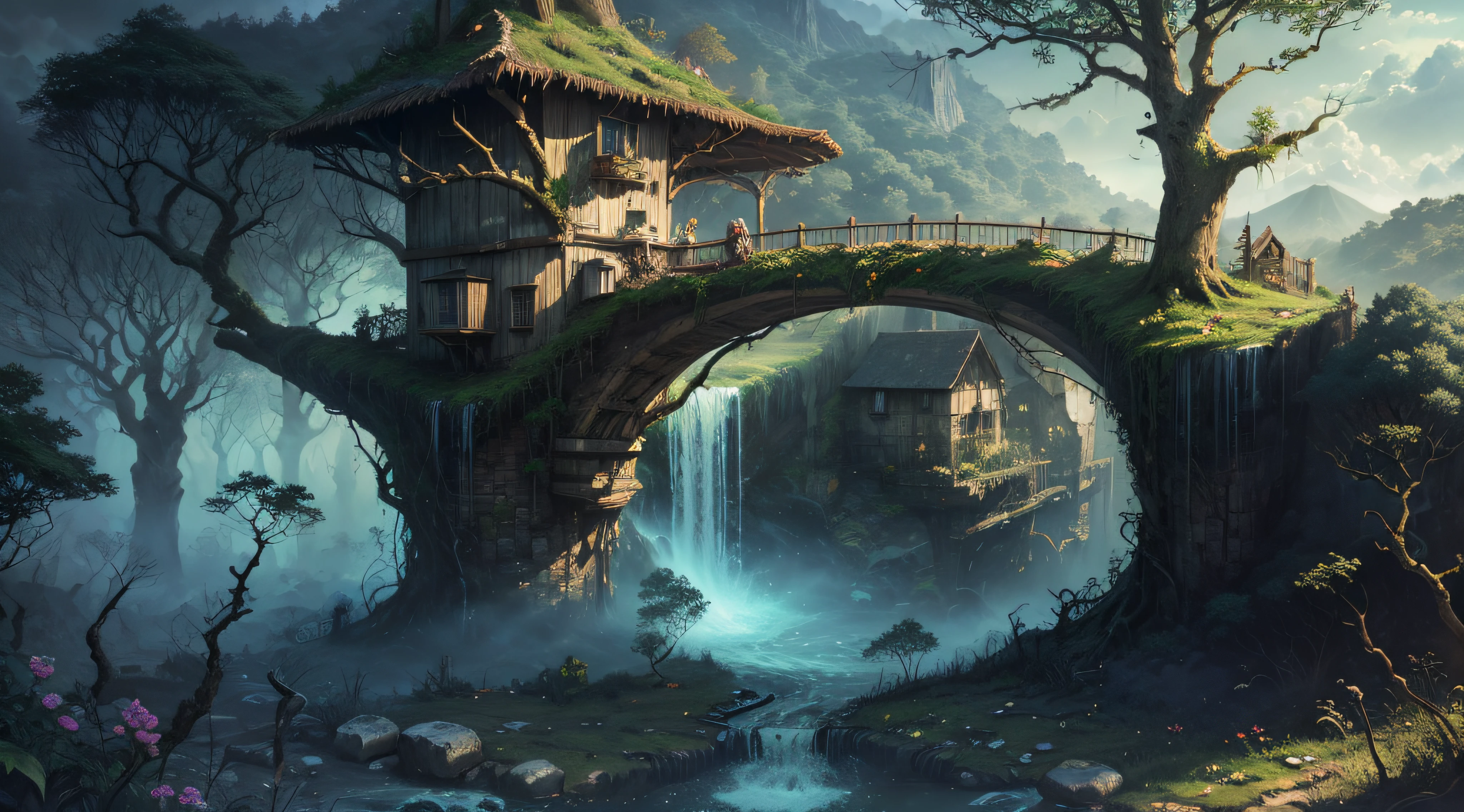 Gigantic colorful trees with many vines, palmeiras, coqueiro, fallen logs, a watermill with a waterwheel, moinho de vento, numa cachoeira exuberante, rio com grandes rochas hiper realista, sky with clouds, sol, lua, global ilumination, profundidade de campo,