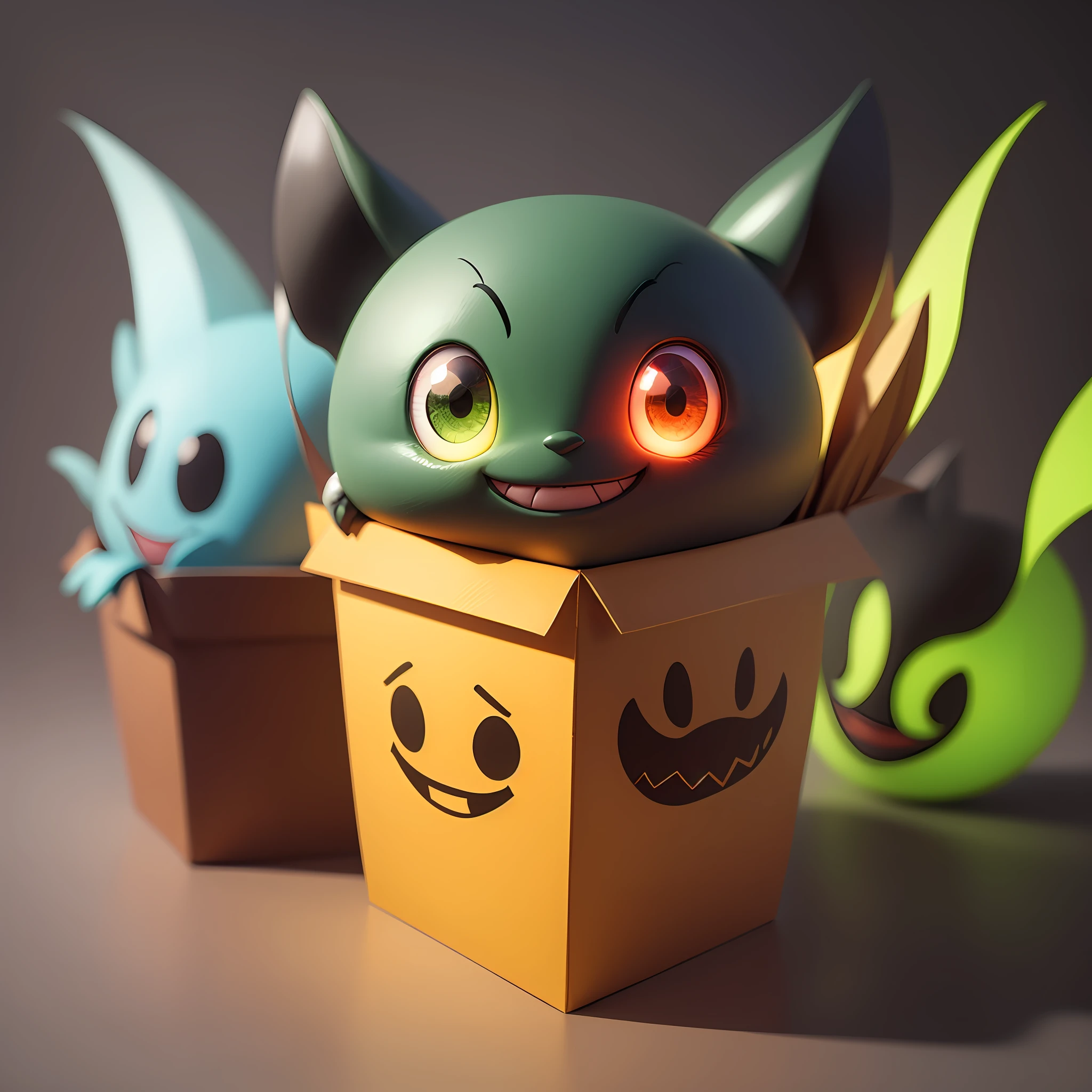 Draw four Glowing RunesAIV2_Green box，The box carries a glowing emoji with an evil smile，The box has a dark green pattern，The box has a variety of eyes，Box on black background，sci-fy，3d，fanciful --auto