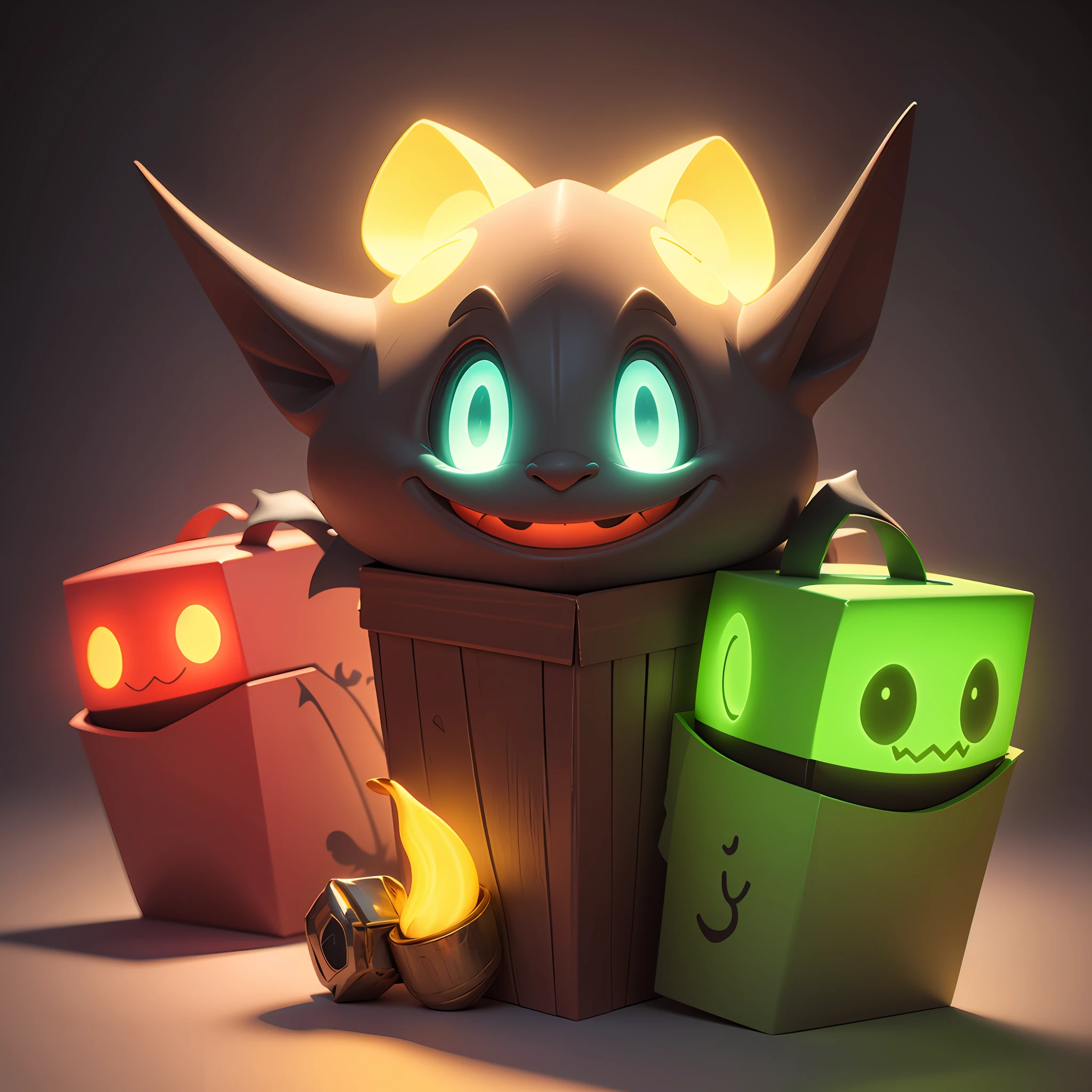 Draw four Glowing RunesAIV2_Green box,The box carries a glowing emoji with an evil smile,The box has a dark green pattern,The box has a variety of eyes,Box on black background,sci-fy,3d,fanciful --auto