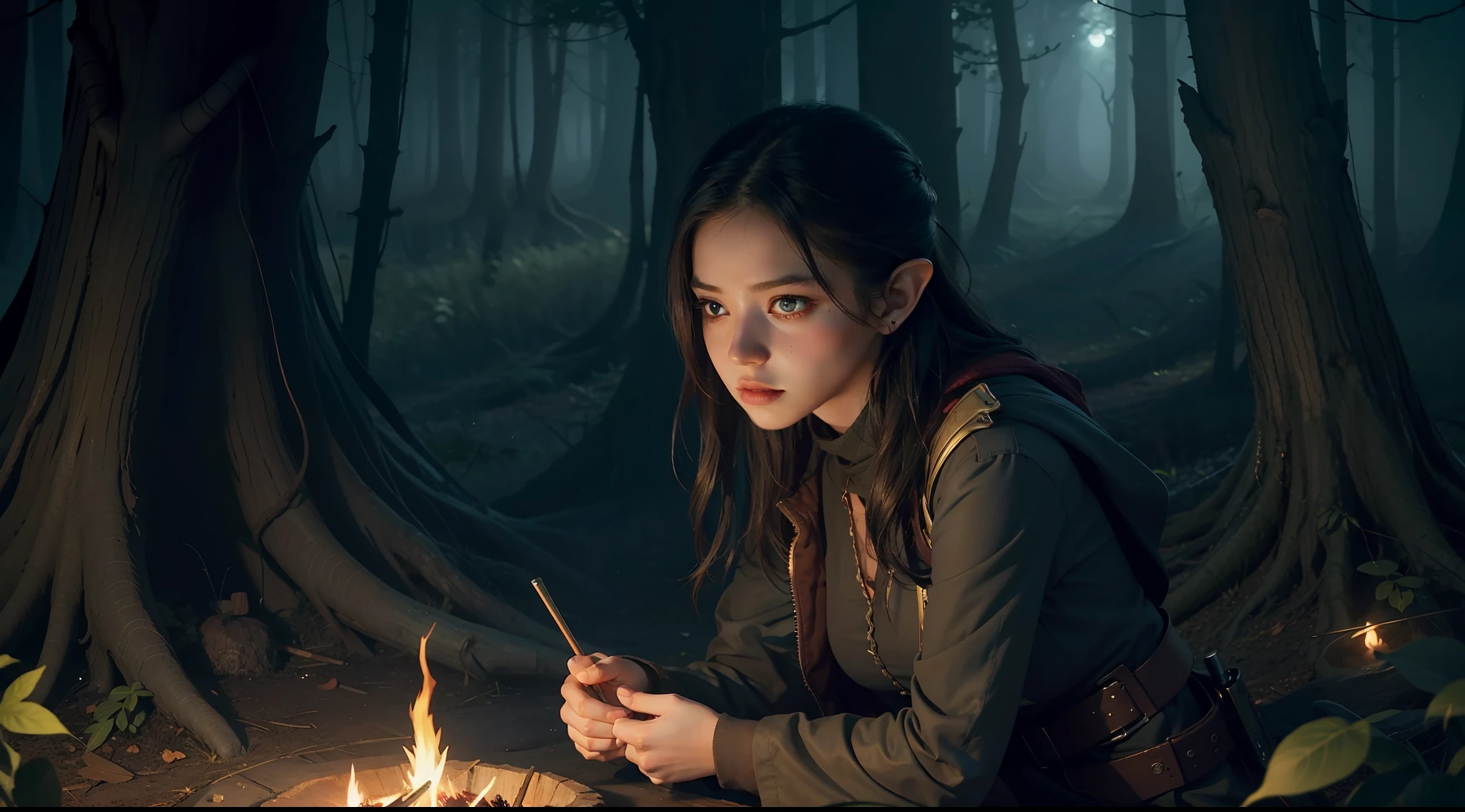 1girl, solo, official art, unity 8k wallpaper, ultra detailed, beautiful and aesthetic, masterpiece, best quality, photorealistic, elf, glowworm, in the wood of (firefly:1.3), bonfire, dark theme