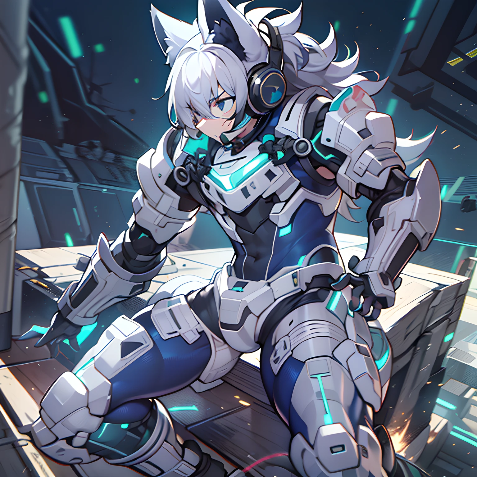 Game CG，4K quality，((younge boy))，juvenile sense，Anime male protagonist，Wolf ears，agony，goggles，Tech earmuffs，White-blue unibody mech set，White armored gloves，Racing boots，Fight，ventania，Light effects，Full body like，injury，Sit with open legs，fell，Battle damage，Defeat，dying，