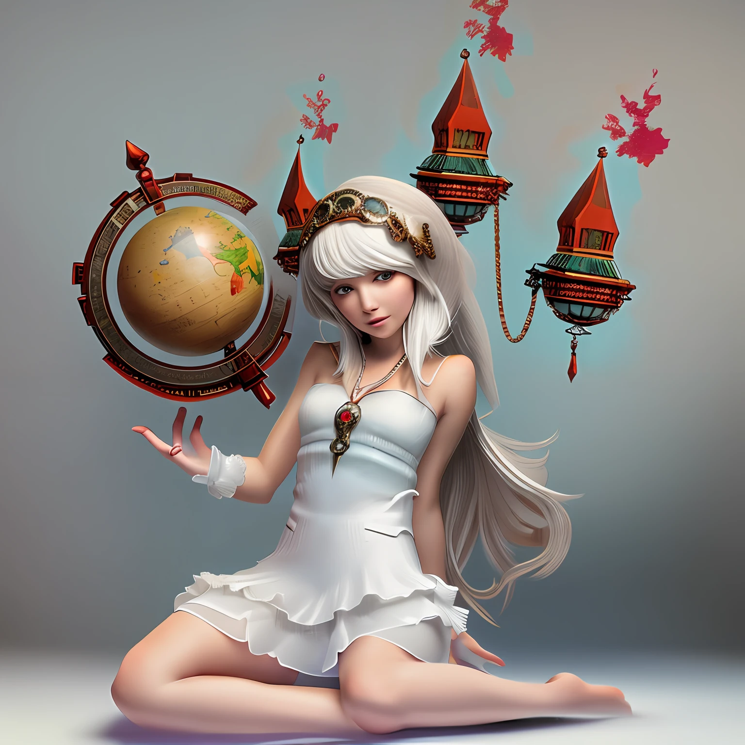 1girl with a globe in her hand, [[fantasy]], ultra realistic, 8k, white clothes