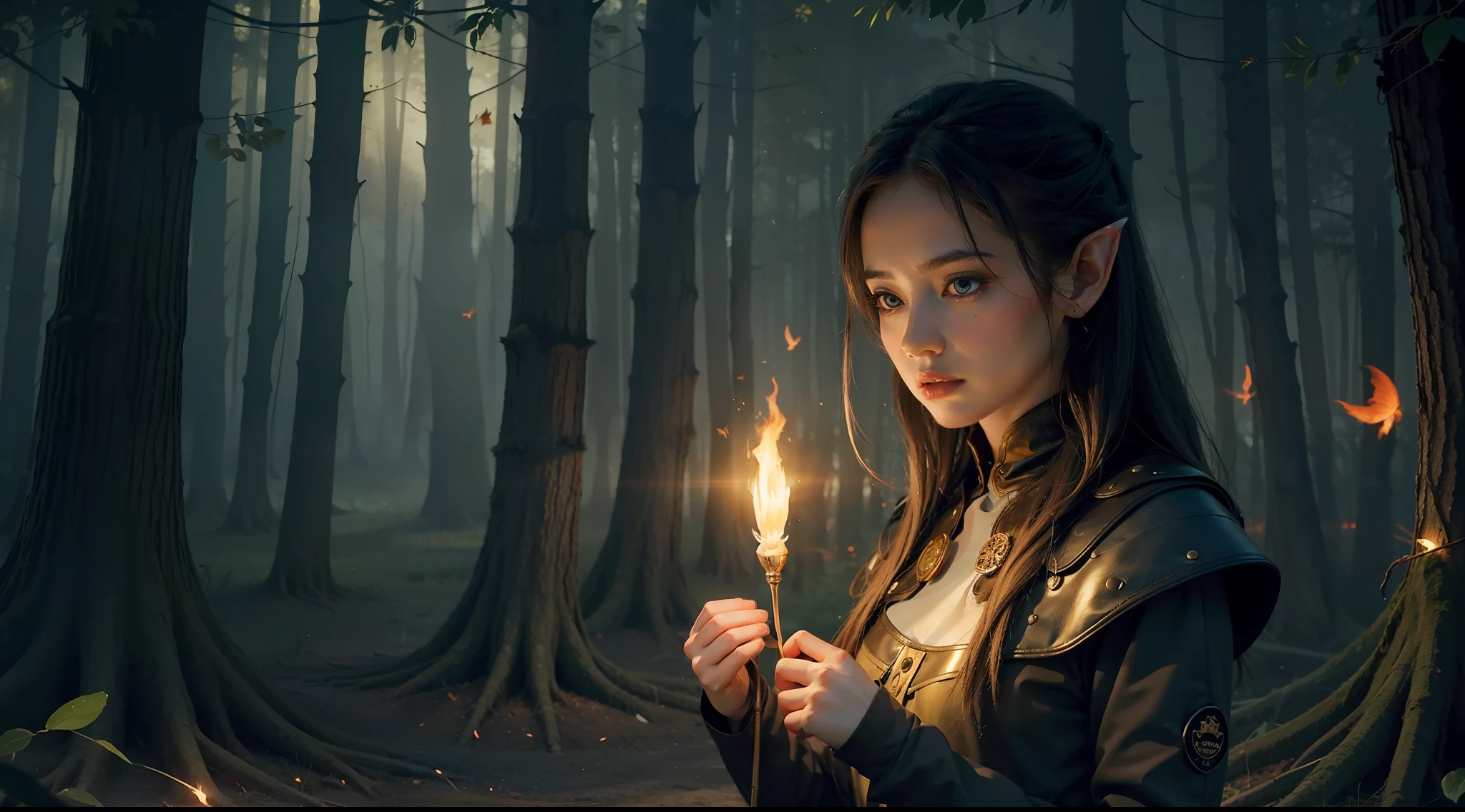 1girl, solo, official art, unity 8k wallpaper, ultra detailed, beautiful and aesthetic, masterpiece, best quality, photorealistic, elf, glowworm, in the wood of (firefly:1.3), bonfire, dark theme