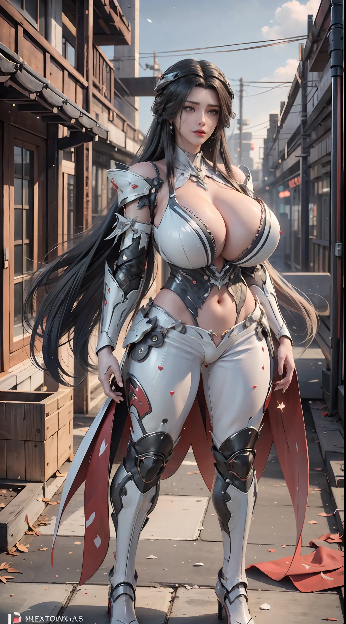 ((Unreal Engine 5)), Realistic Rendering, Excellent, Full armor, knight Cloak, helm, (Yoga hotpants), looking on camera, standing on studio, beautiful face, makeup, CGImix, (photorealism:1.2), ultrarealistic uhd face, (huge fake boobs:1.4), (gigantic breasts:1.1), (muscle abs), (big butt), (wide hips), (thick thighs), slim waist, hourglass figure, half body, ((glowing skin)), ((shiny skin)), Realistic body, ((she is sexy body)), ((clean skin)), photorealistic, bokeh, motion blur, masterpiece, highres, 1080P, super detail, textured skin
