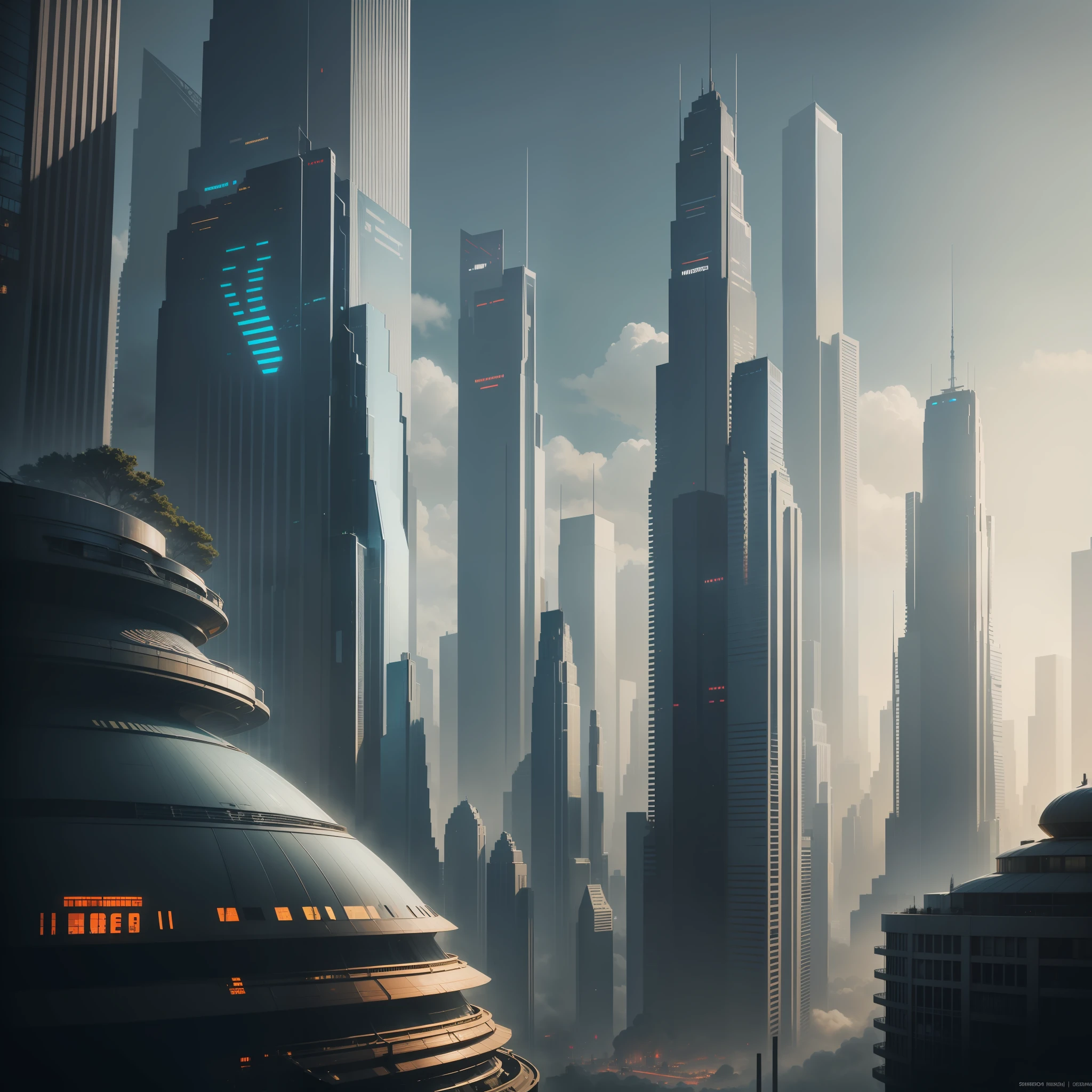 Skyscrapers towering above the ground Megacities Huge metropolis epcot Sci-Fi Cyberpunk top-quality masterpiece 超A high resolution theme park