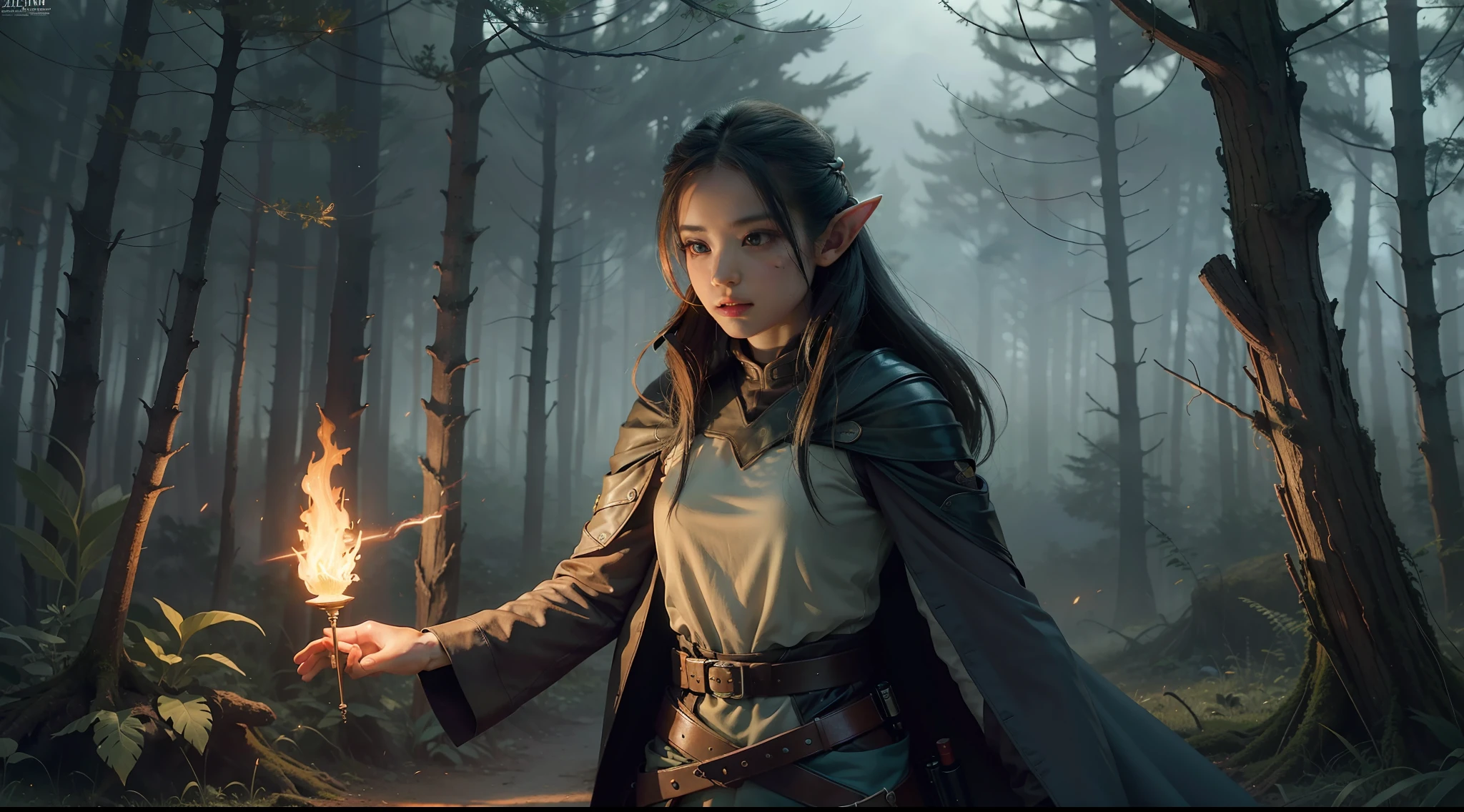 1girl, solo, official art, unity 8k wallpaper, ultra detailed, beautiful and aesthetic, masterpiece, best quality, photorealistic, elf, glowworm, in the wood of (firefly:1.3), bonfire, dark theme