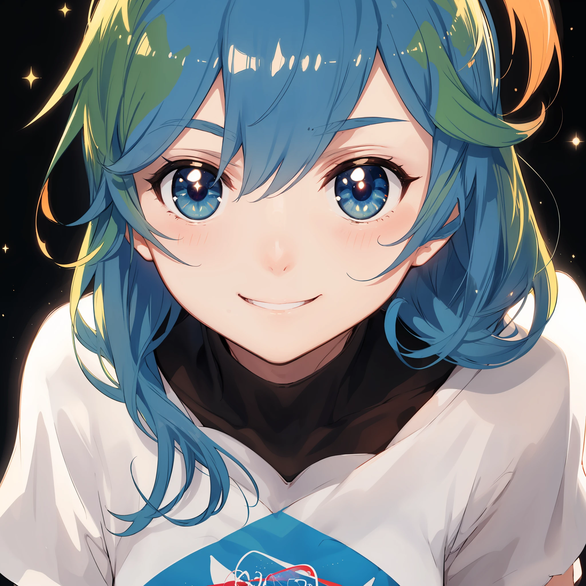 2d, masterpiece, best quality, anime, highly detailed face, highly detailed eyes, highly detailed background, perfect lighting, full body, 1girl, solo, earth-chan, brown eyes, t-shirt, medium breasts, space, earth \(planet\), smile