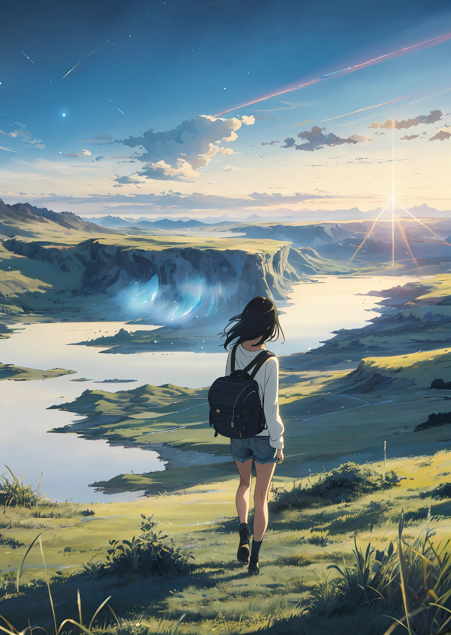 The vast sky, beautiful skyline, large grasslands, extremely tense and dramatic pictures, moving visual effects, the high-hanging Polaris, and colorful natural light. Long-sleeved top, denim shorts, and a girl with a backpack.