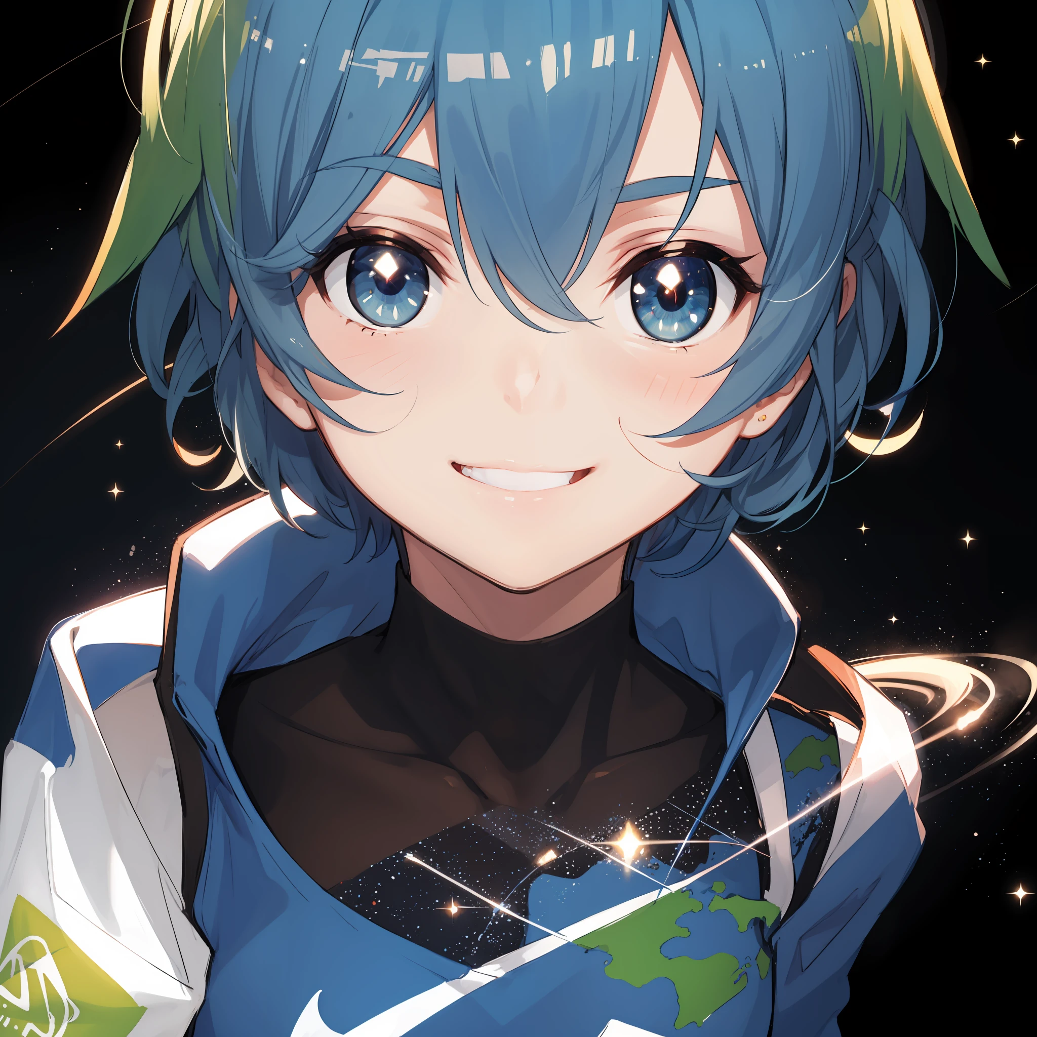 2d, masterpiece, best quality, anime, highly detailed face, highly detailed eyes, highly detailed background, perfect lighting, full body, 1girl, solo, earth-chan, brown eyes, t-shirt, medium breasts, space, earth \(planet\), smile