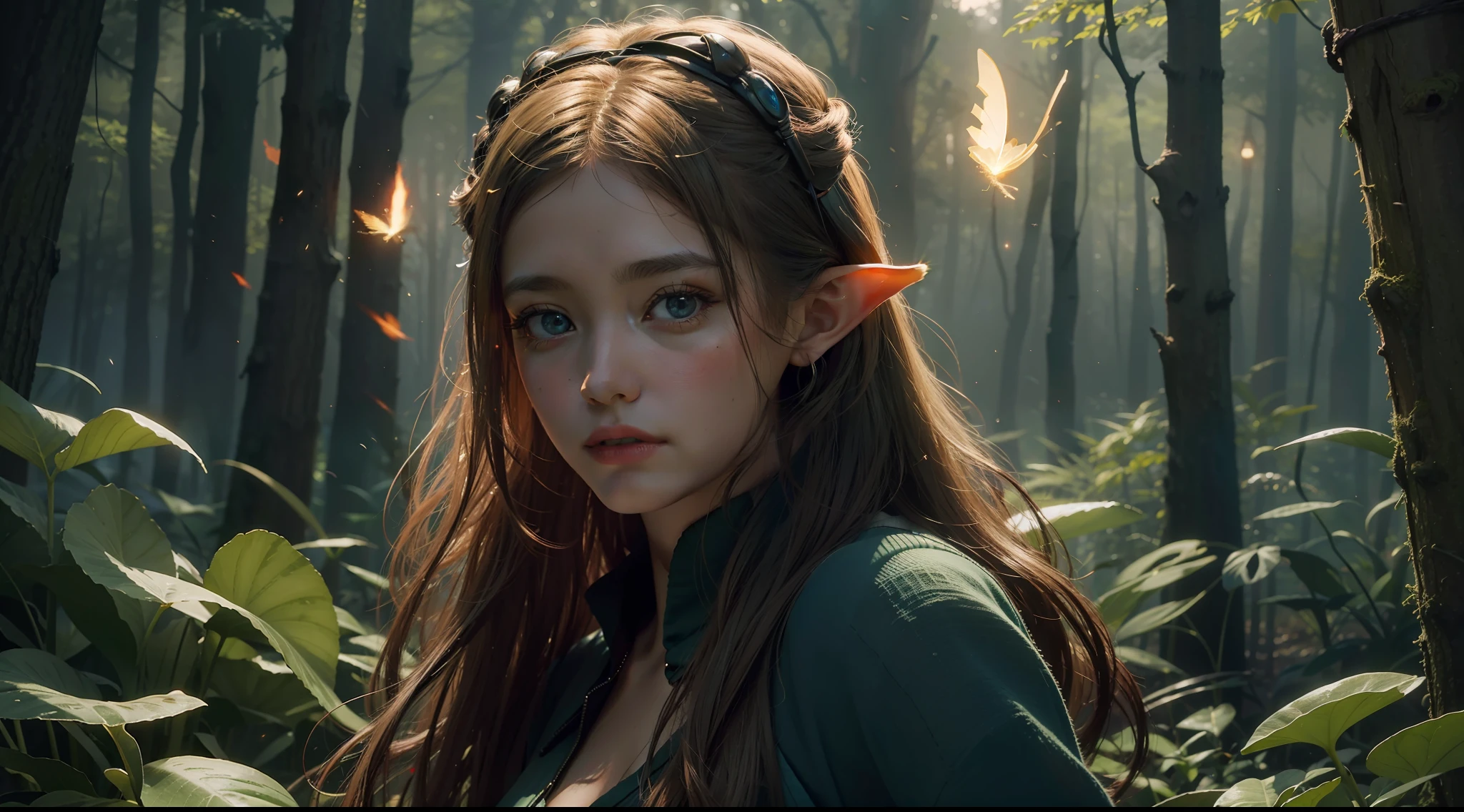 1girl, solo, official art, unity 8k wallpaper, ultra detailed, beautiful and aesthetic, masterpiece, best quality, photorealistic, elf, glowworm, in the wood of (firefly:1.3), bonfire, dark theme