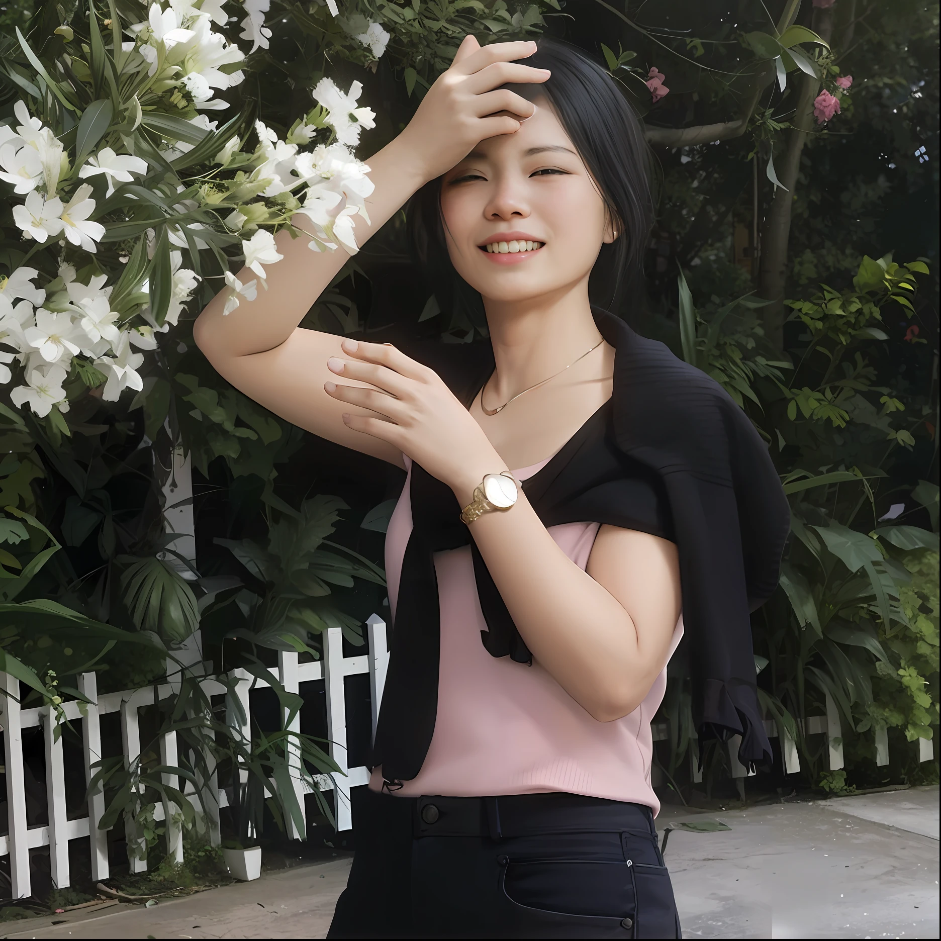 There was a woman standing in front of a white fence，Holding a flower in hand。, dang my linh, nivanh chanthara, xintong chen, photograph taken in 2 0 2 0, mai anh tran, A young Asian woman, wenfei ye, An Asian woman, 2 8 years old, 2 7 years old, xiang duan, Yun Ling