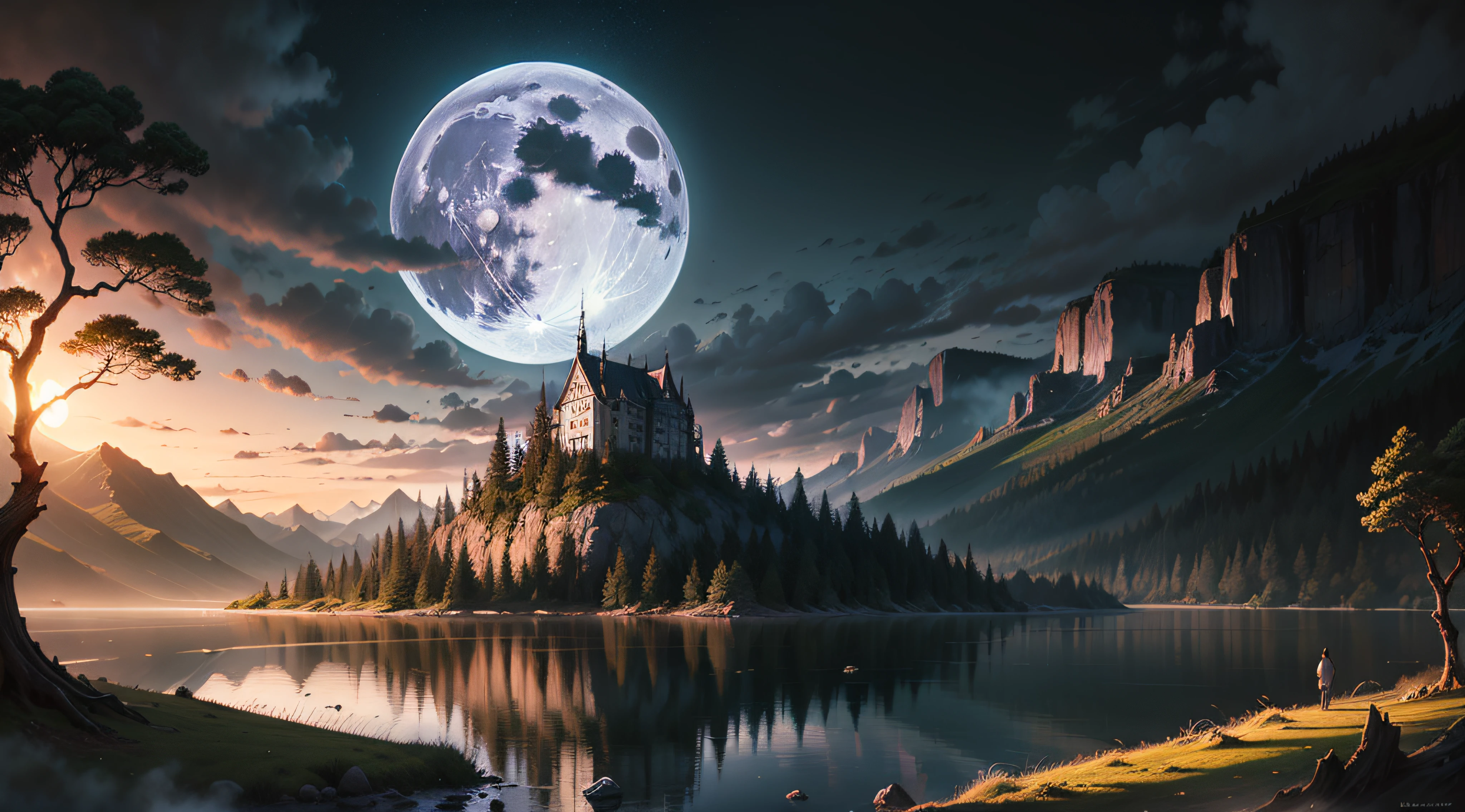 Oil Painting, Huge Full Moon, Forest, Lake, mountain, Epic cinematic brilliant stunning intricate meticulously detailed dramatic atmospheric maximalist digital matte painting