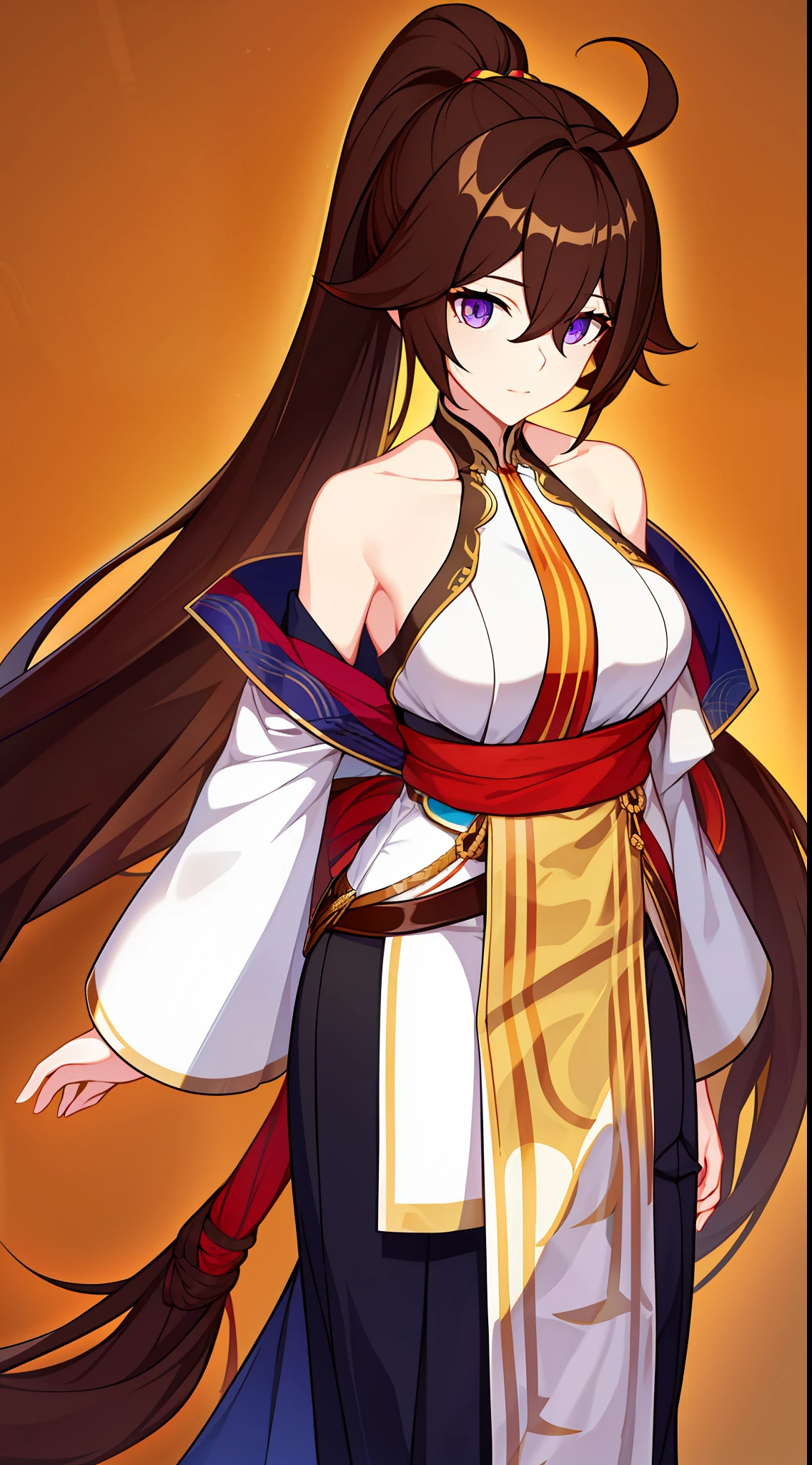 Tall girl, Long brown hair, high ponytail, The eyes are golden, Purple Hanfu, neckline on the chest, Masterpiece, hiquality
