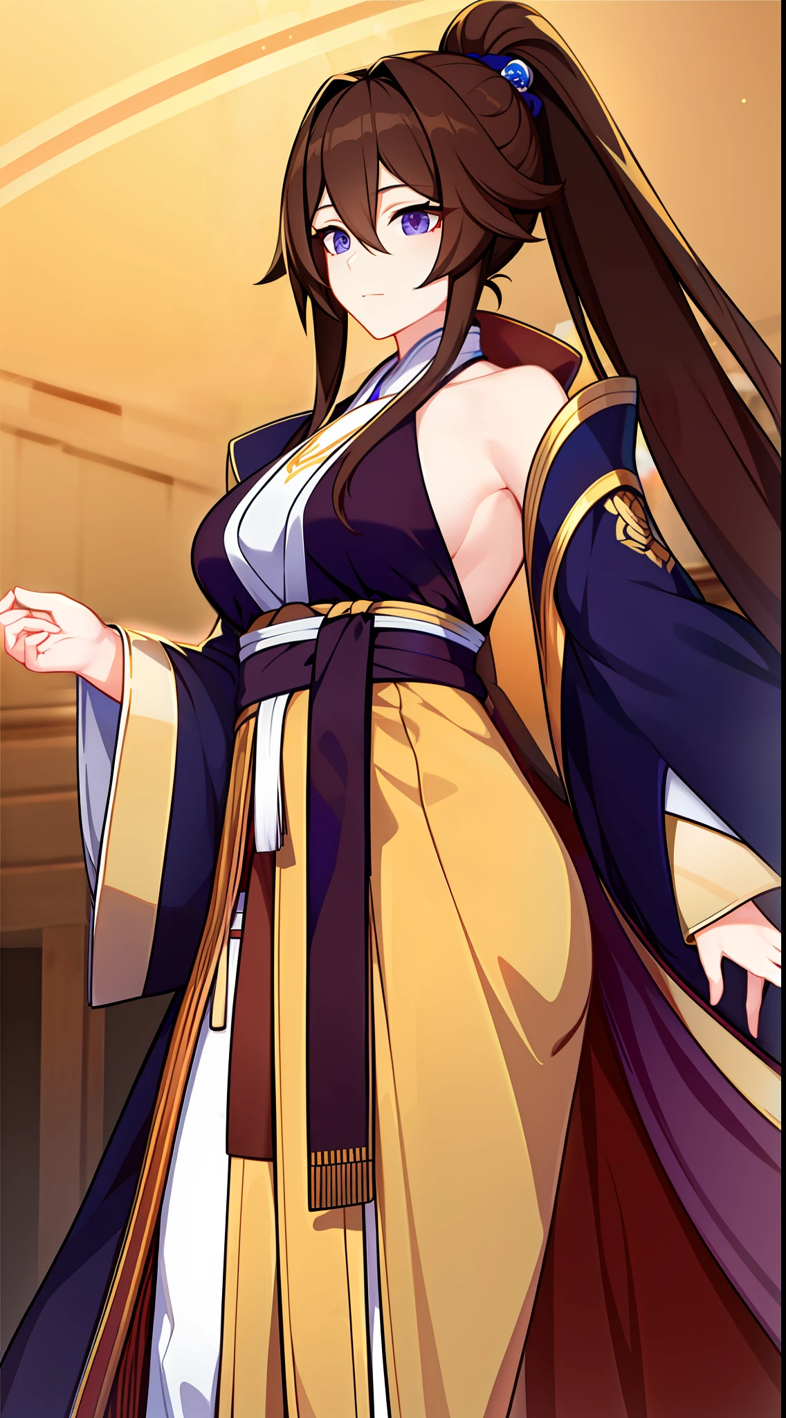 Tall girl, Long brown hair, high ponytail, The eyes are golden, Purple Hanfu, neckline on the chest, Masterpiece, hiquality