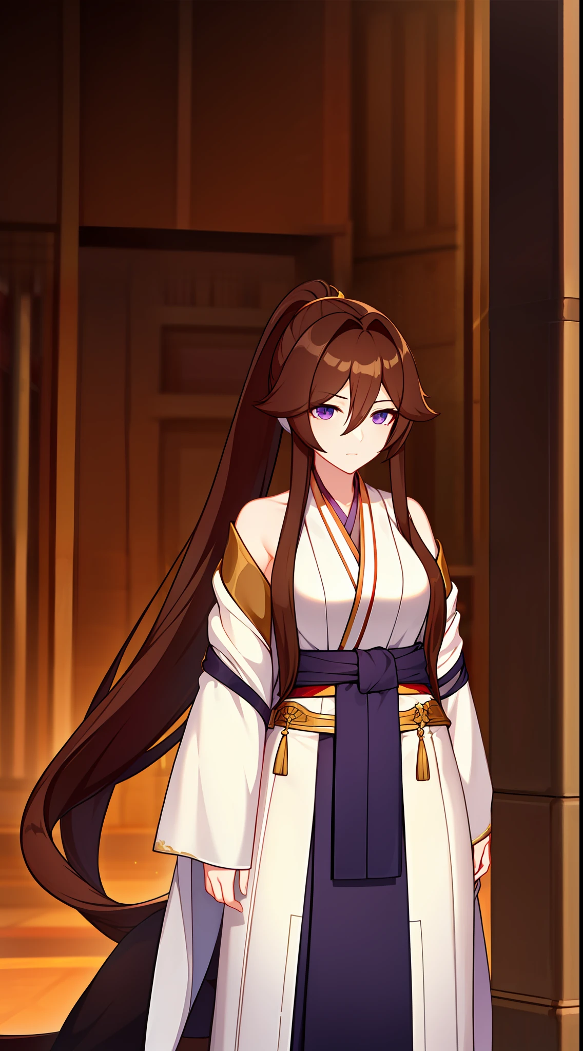 Tall girl, Long brown hair, high ponytail, The eyes are golden, Purple Hanfu, neckline on the chest, Masterpiece, hiquality
