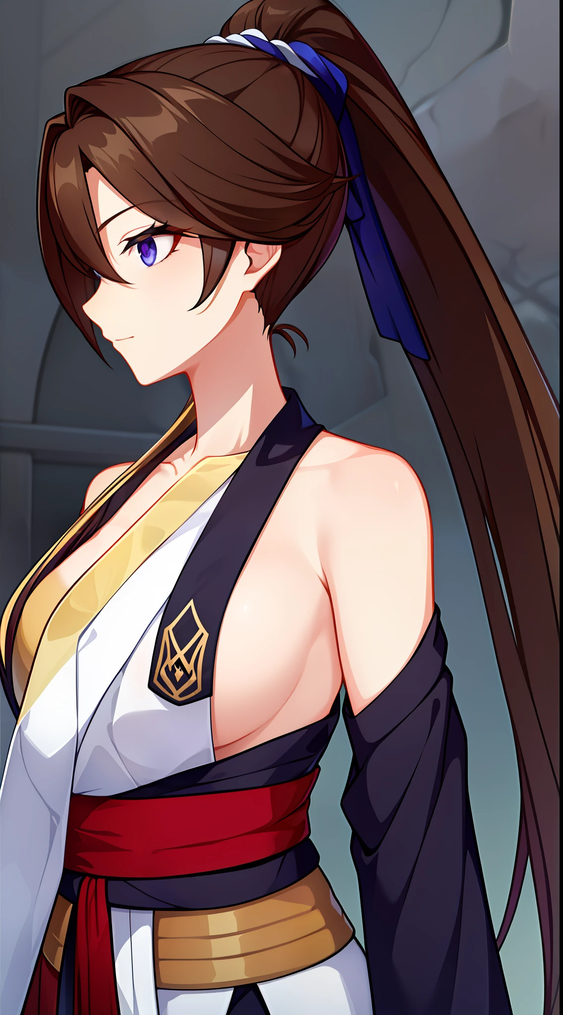 Tall girl, Long brown hair, high ponytail, The eyes are golden, Purple Hanfu, neckline on the chest, Masterpiece, hiquality