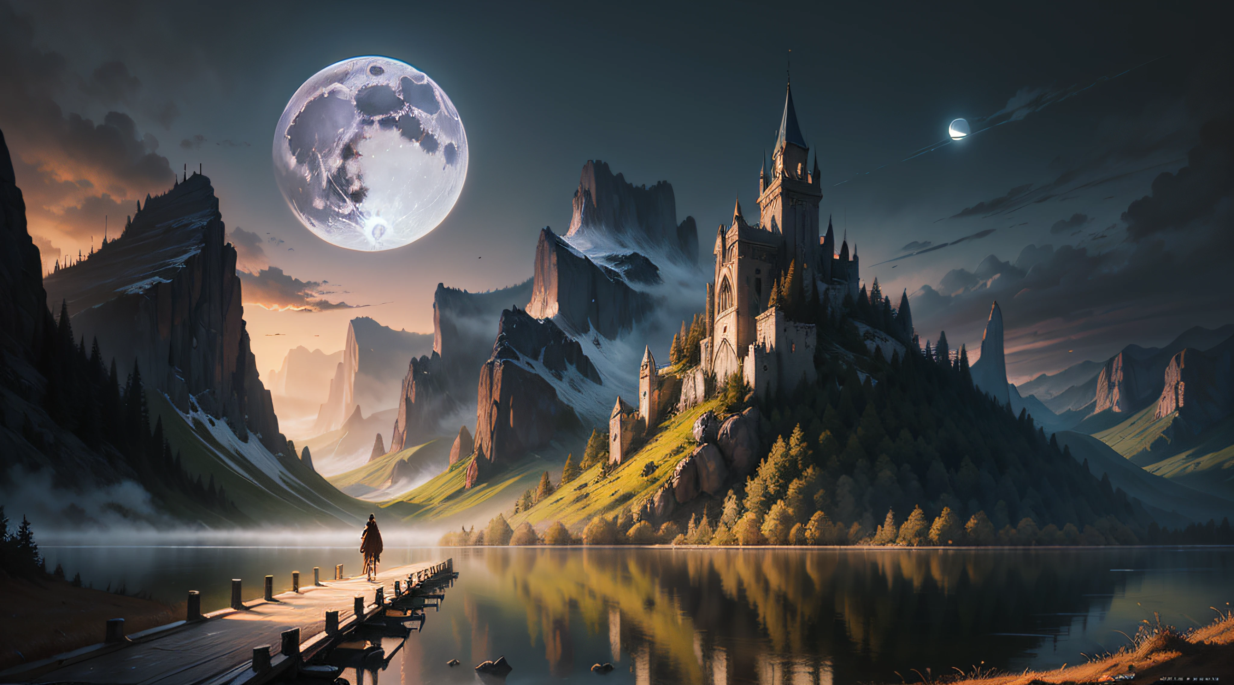 Oil Painting, Huge Full Moon, Forest, Lake, mountain, Epic cinematic brilliant stunning intricate meticulously detailed dramatic atmospheric maximalist digital matte painting