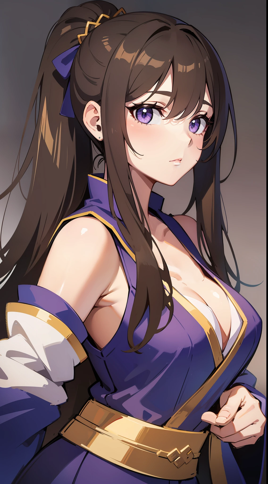 Tall girl, Long brown hair, high ponytail, The eyes are golden, Purple Hanfu, neckline on the chest, Masterpiece, hiquality