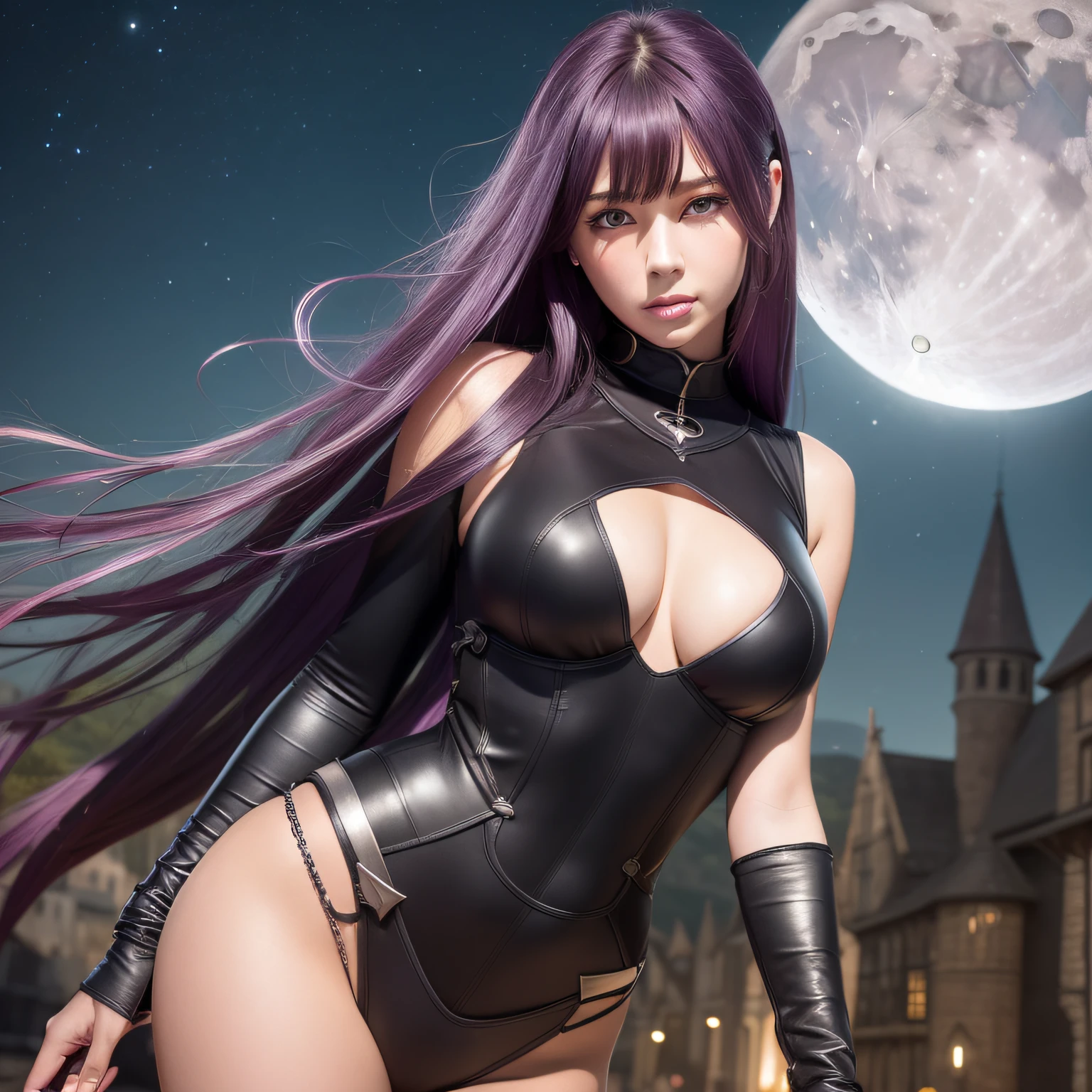masterpiece, best quality, medieval fantasy town background, moon, night, star sky, Scathach(FGO), 1 girl, purple long hair, sidelocks, beautiful red eyes, sharp eyes, closed mouth, (smirk), large breasts, ((black purple bodysuit)), ((scathachBodysuit)), ((silver armor on both shoulders)), mysterious, twenties, (show from the waist to head), from outside, perfect face, highly detailed, holding a lance