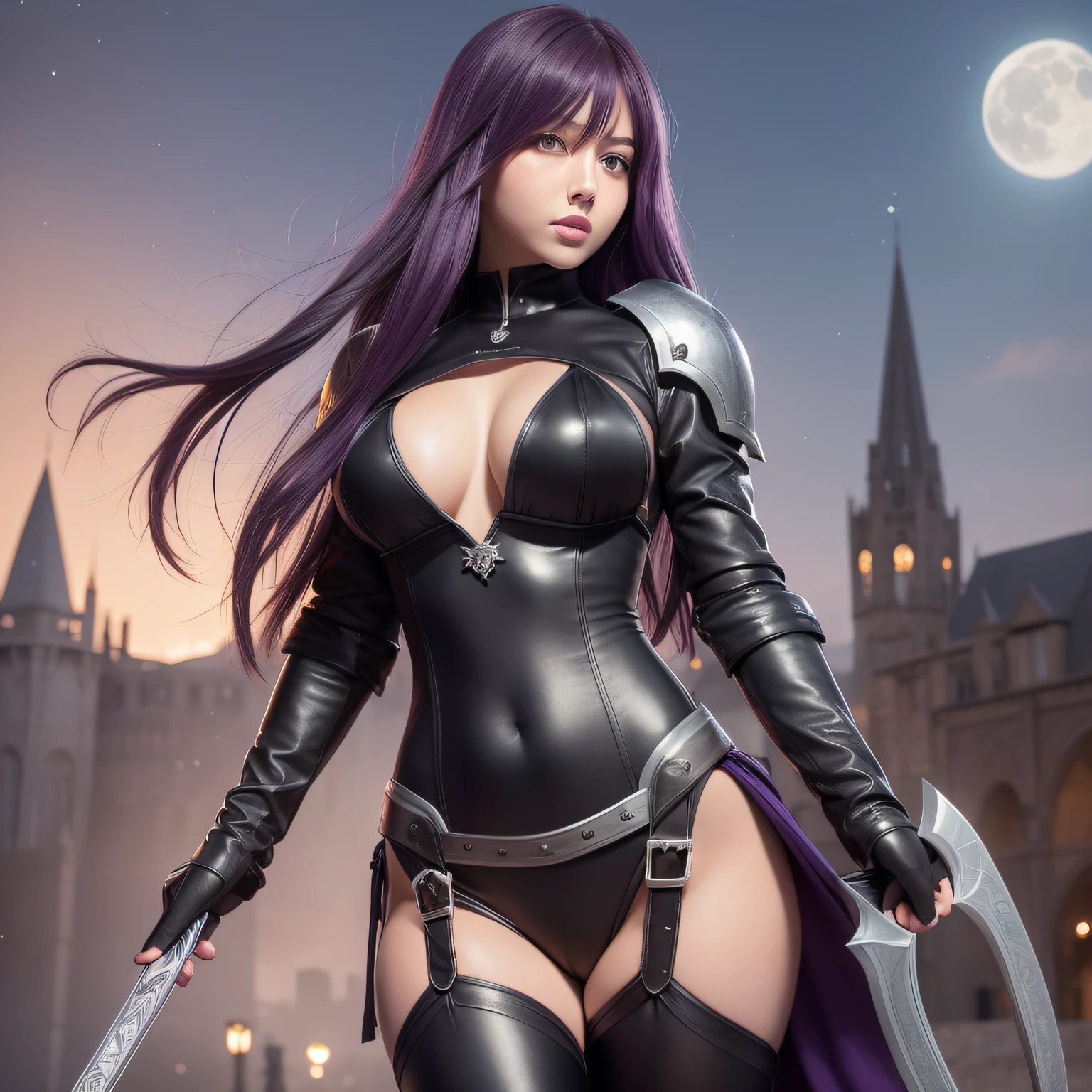 masterpiece, best quality, medieval fantasy town background, moon, night, star sky, Scathach(FGO), 1 girl, purple long hair, sidelocks, beautiful red eyes, sharp eyes, closed mouth, (smirk), large breasts, ((black purple bodysuit)), ((scathachBodysuit)), ((silver armor on both shoulders)), mysterious, twenties, (show from the waist to head), from outside, perfect face, highly detailed, holding a lance