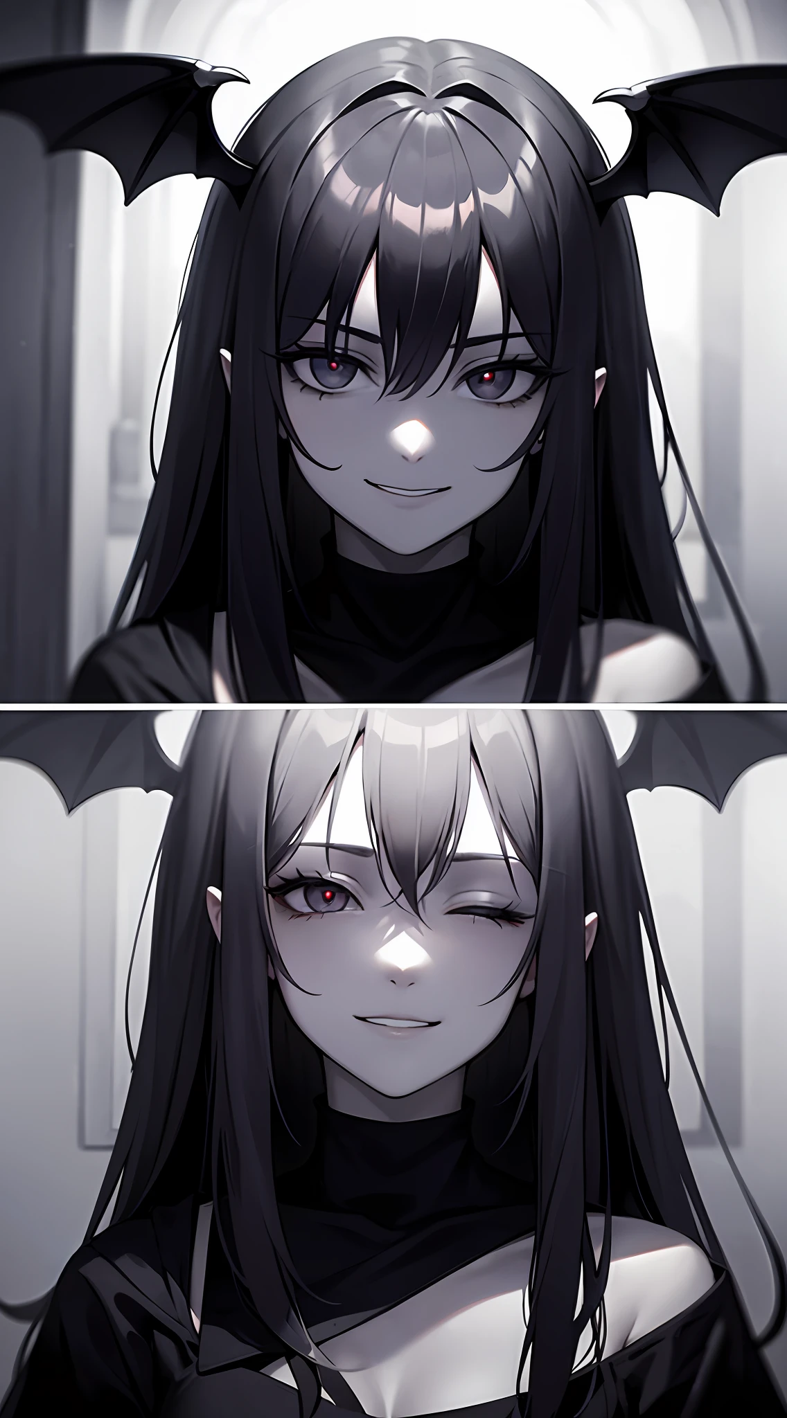tmasterpiece，Evil smiling vampire portrait，Evil countenance，Three eyes，eye closeds，Black and white bat wings，A frame eroded by darkness and light
