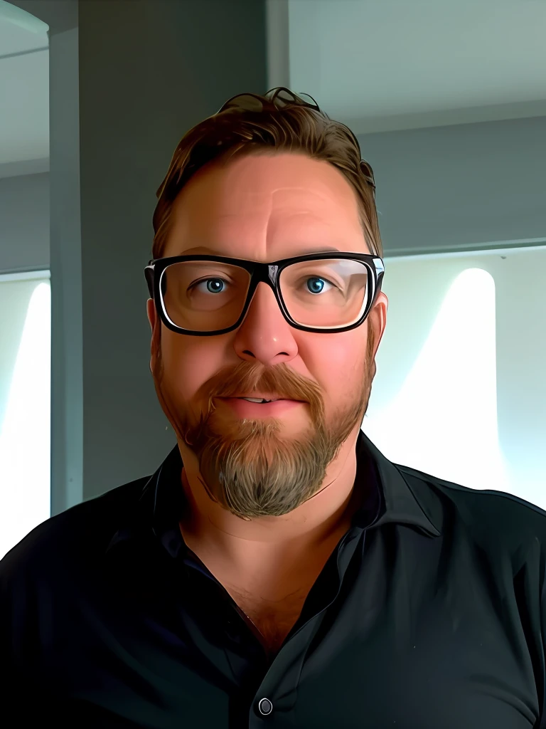 there is a man with glasses and a beard wearing a black shirt, with glasses and goatee, with nerdy glasses and goatee, Pixar animation style