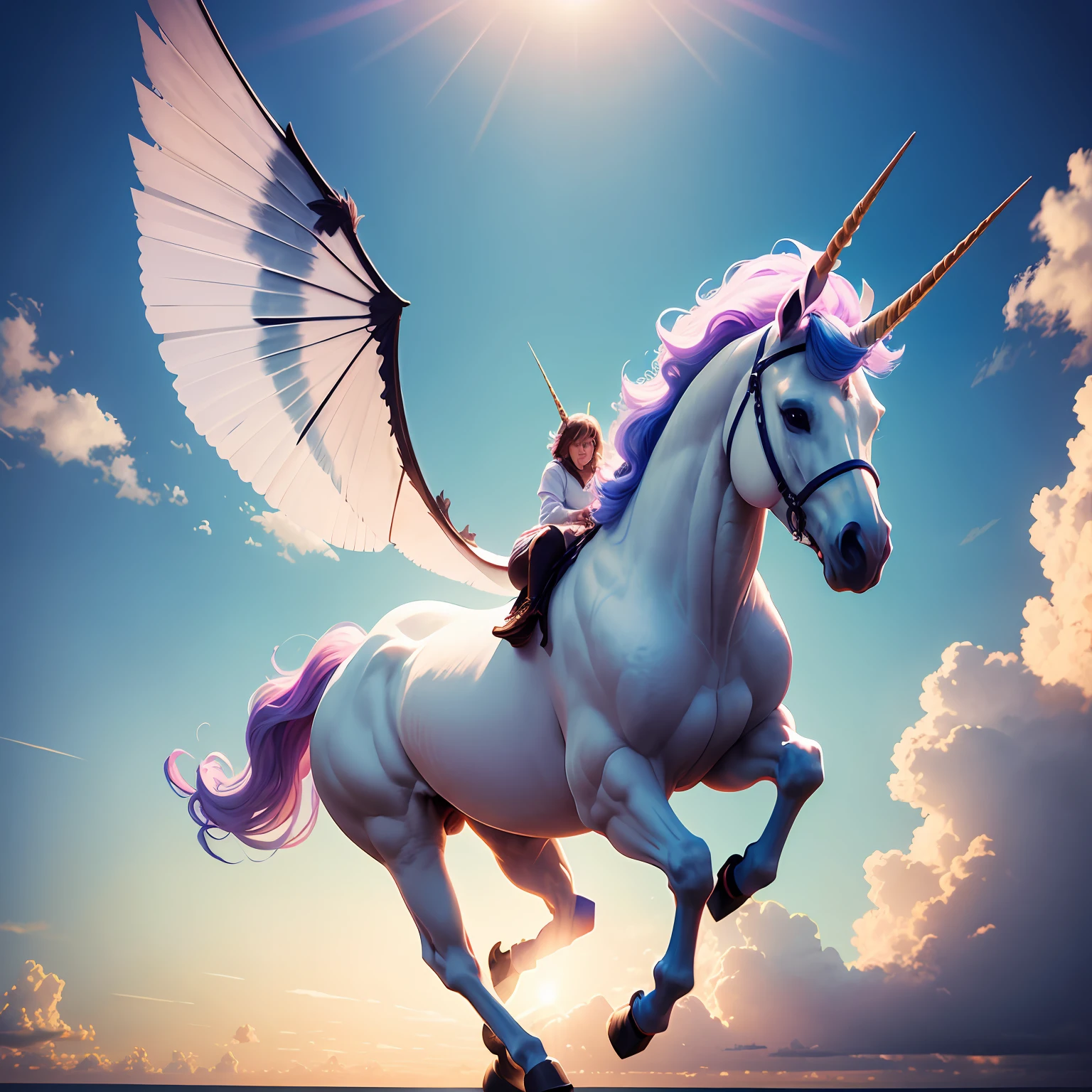 A fantastic image of a mysterious unicorn flying with its wings wide open against the background of a beautiful sky and a mysterious and soft light --auto
