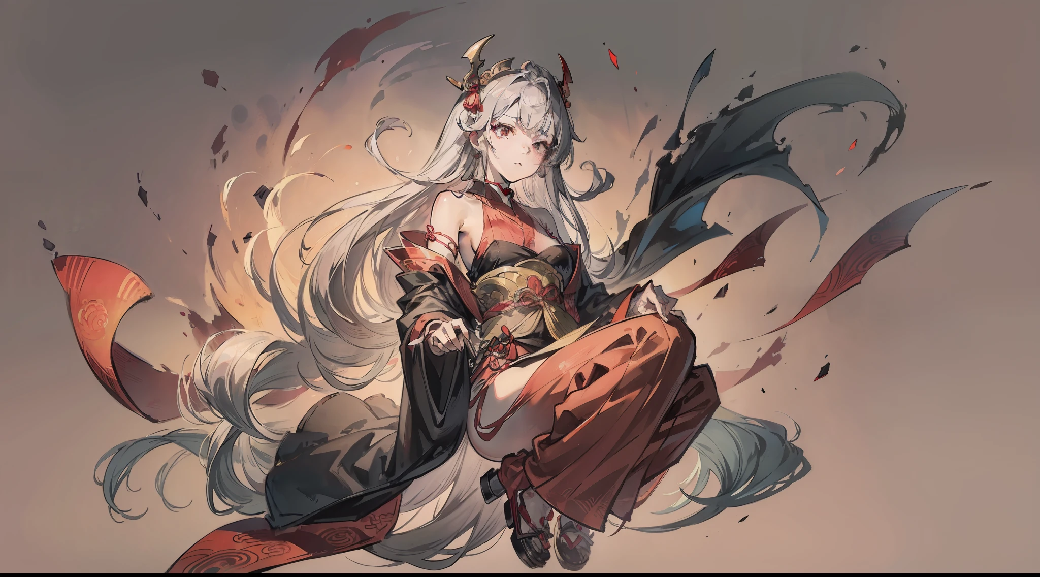 masuter piece、top-quality、8K、very detailed illustration、Oiran、Dracula's daughter、Gray hair、Long straight hair、fair skin、deadpan、full body、simple background