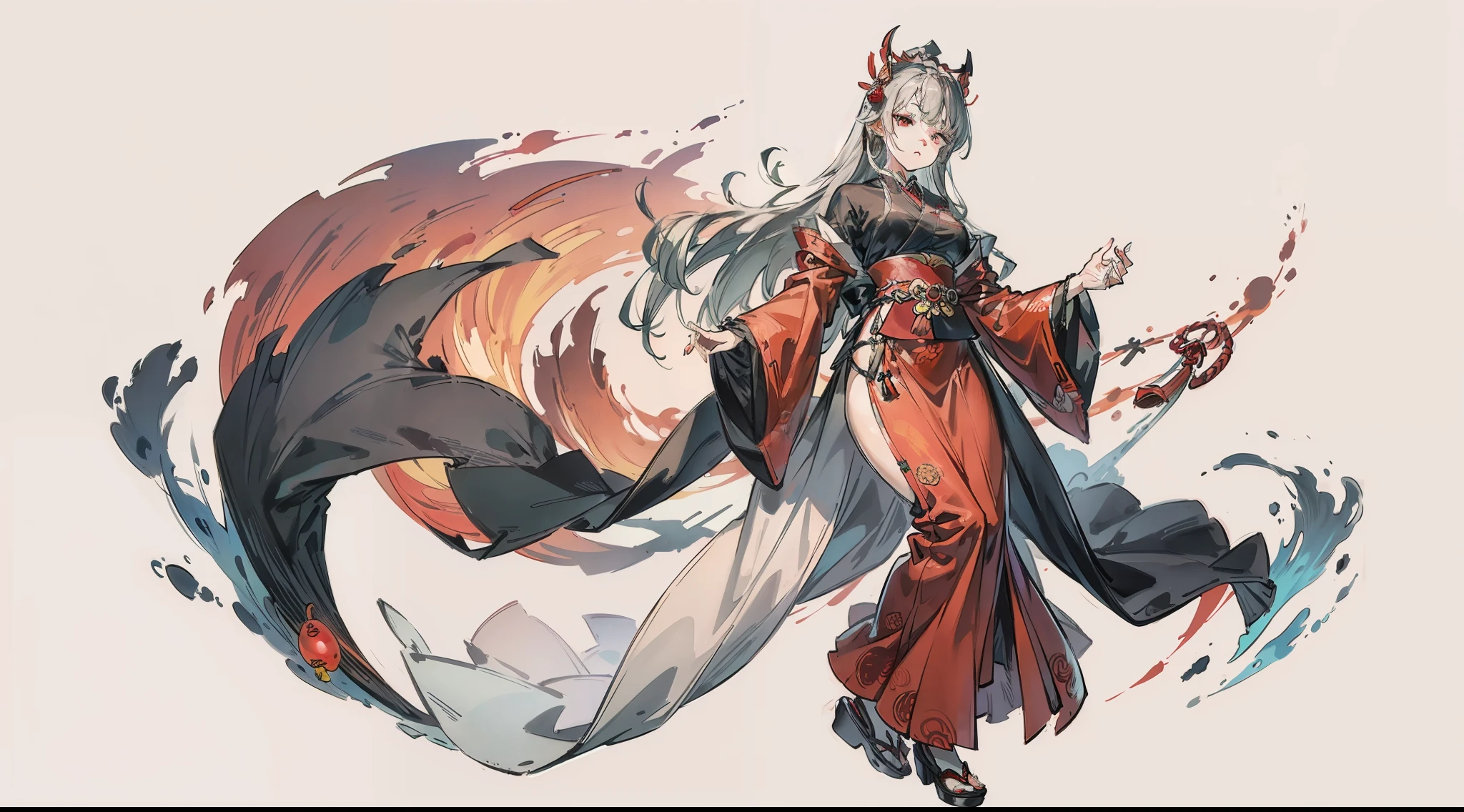 masuter piece、top-quality、8K、very detailed illustration、Oiran、Dracula's daughter、Gray hair、Long straight hair、fair skin、deadpan、full body、simple background