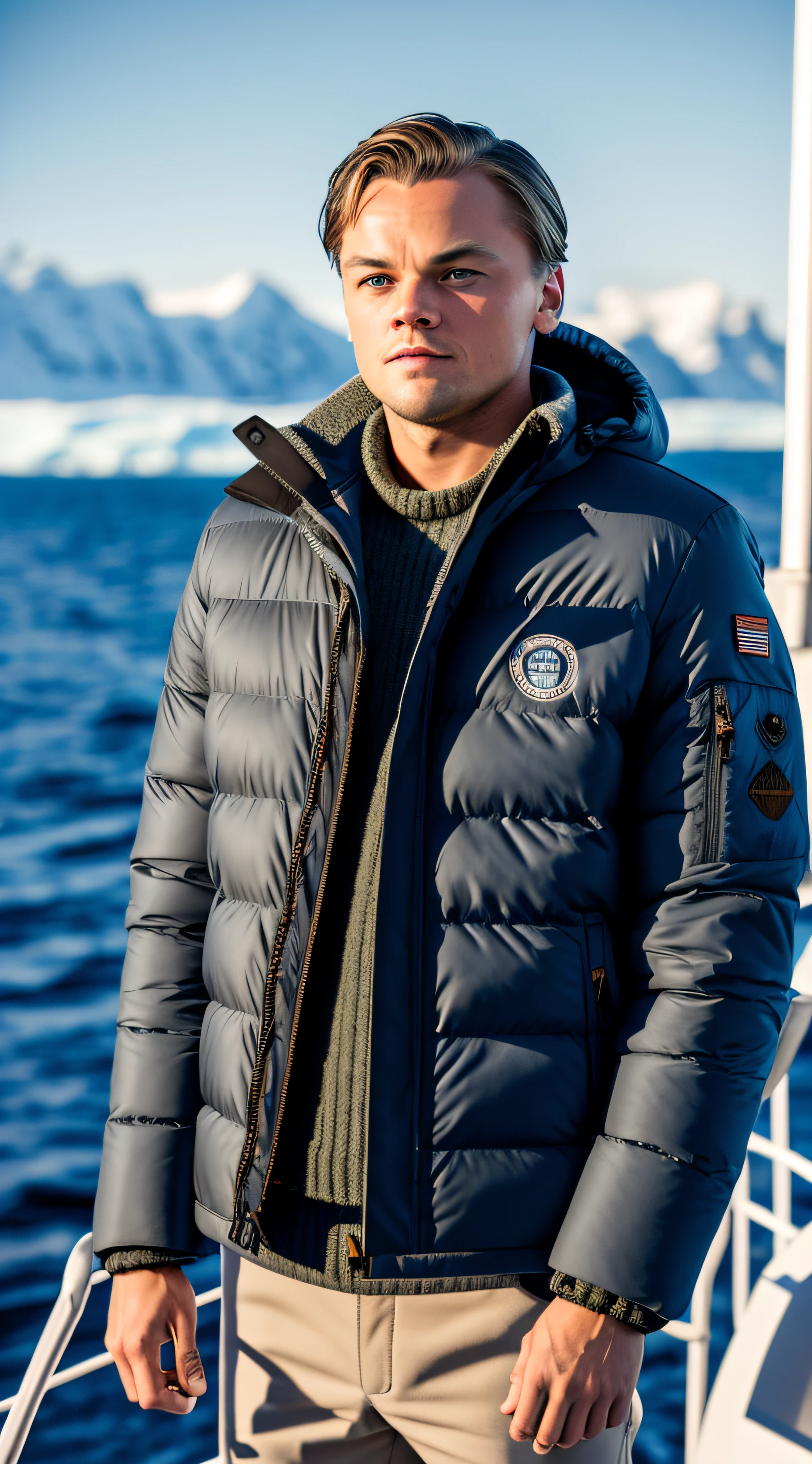 RAW photo, male Leonardo Di Caprio, wearing a puffer jacket, standing on the deck of a ship in the arctic (highly detailed skin: 1.2), 8k uhd, dslr, soft lighting, high quality, film grain, Fujifilm XT3 --auto