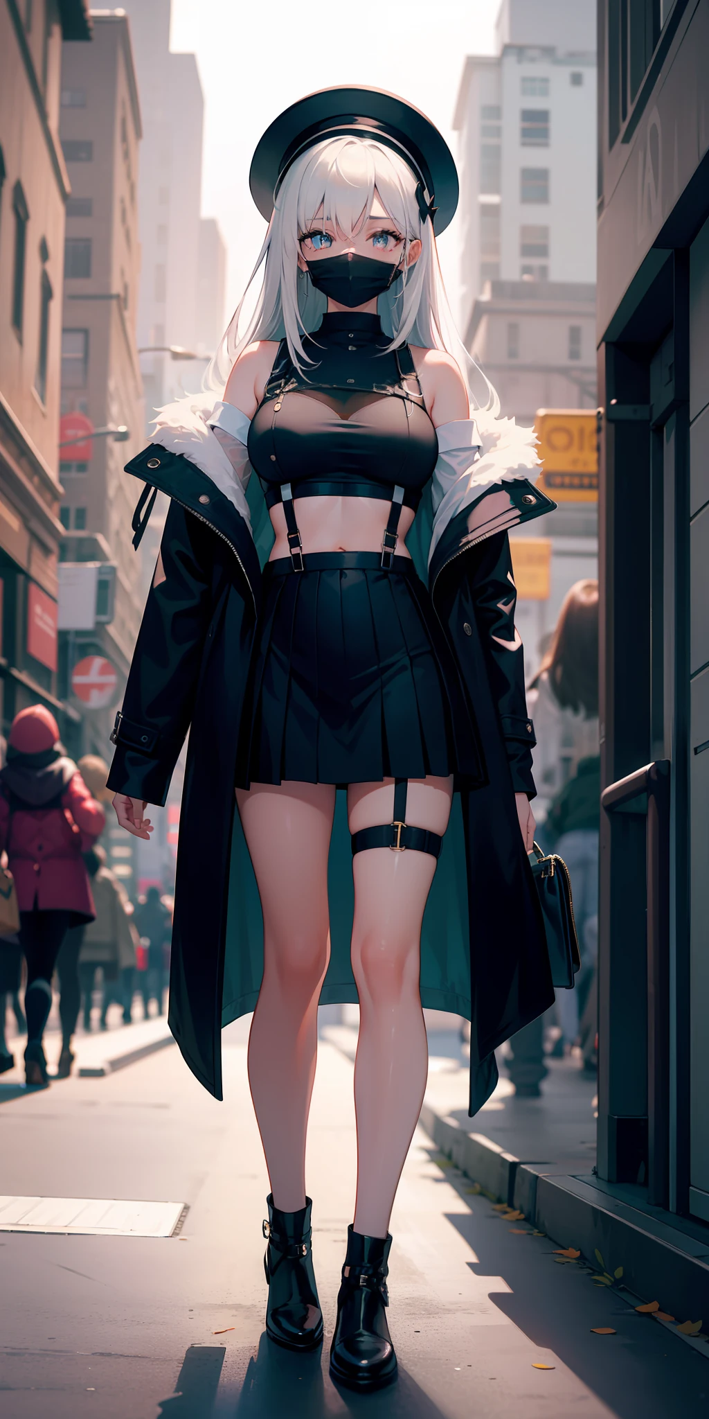 masterpiece, best quality, tall, clearire2, 1girl, Sister Cleaire, Only, long hair, open clothes, black skirt, Black stockings, long sleeves, chest harness, open jacket, black shirt, two sides up, black overcoat jacket, fringe, crop top, miniskirt, Shoes, hat, O-Ring, midriff, black and white hair, different color eyes, off shoulder, big breasts, thigh strap, pleated skirt, suspenders o eyes, perfect eyes, cropped shirt, street, mask, standing