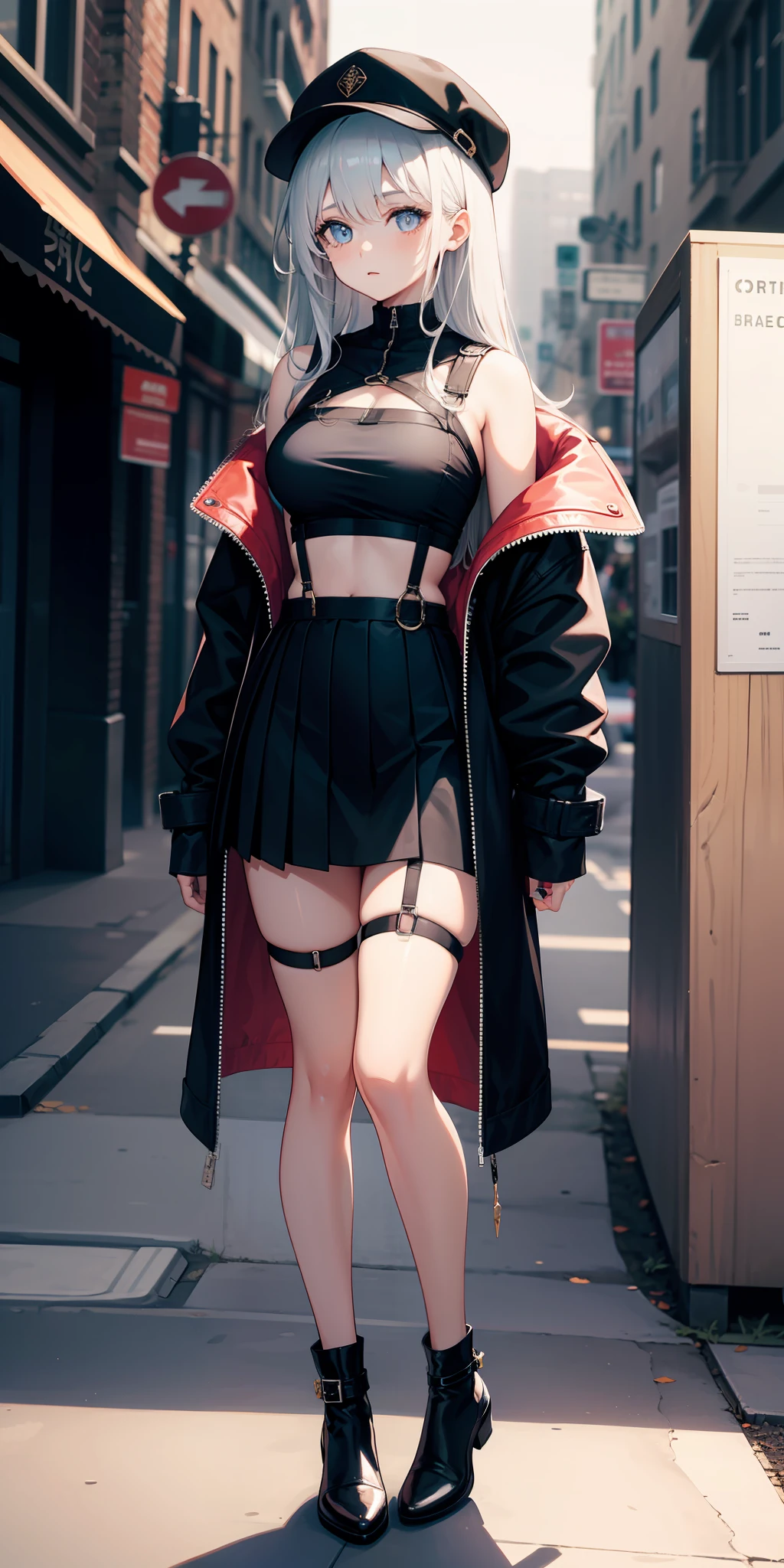 masterpiece, best quality, tall, clearire2, 1girl, Sister Cleaire, Only, long hair, open clothes, black skirt, Black stockings, long sleeves, chest harness, open jacket, black shirt, two sides up, black overcoat jacket, fringe, crop top, miniskirt, Shoes, hat, O-Ring, midriff, black and white hair, different color eyes, off shoulder, big breasts, thigh strap, pleated skirt, suspenders o eyes, perfect eyes, cropped shirt, street, mask, standing