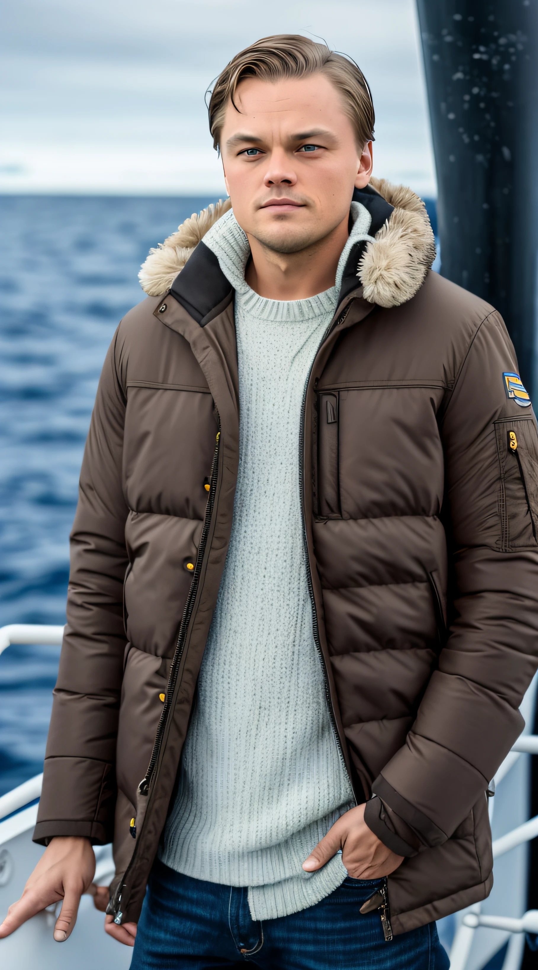 Foto RAW, Leonardo Di Caprio, usando uma jaqueta puffer, Standing on the deck of a ship in the Arctic (pele altamente detalhada: 1.2), 8k UHD, DSLR, soft lighting, alta qualidade, filmic grain, Fujifilm XT3 --auto