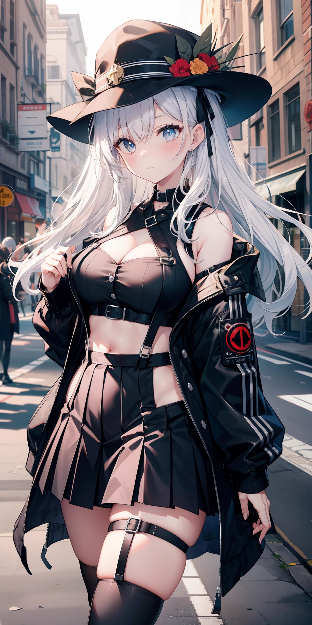 masterpiece, best quality, tall, clearire2, 1girl, Sister Cleaire, Only, long hair, open clothes, black skirt, Black stockings, long sleeves, chest harness, open jacket, black shirt, two sides up, black overcoat jacket, fringe, crop top, miniskirt, Shoes, hat, O-Ring, midriff, black and white hair, different color eyes, off shoulder, big breasts, thigh strap, pleated skirt, suspenders o eyes, perfect eyes, cropped shirt, street, mask, standing