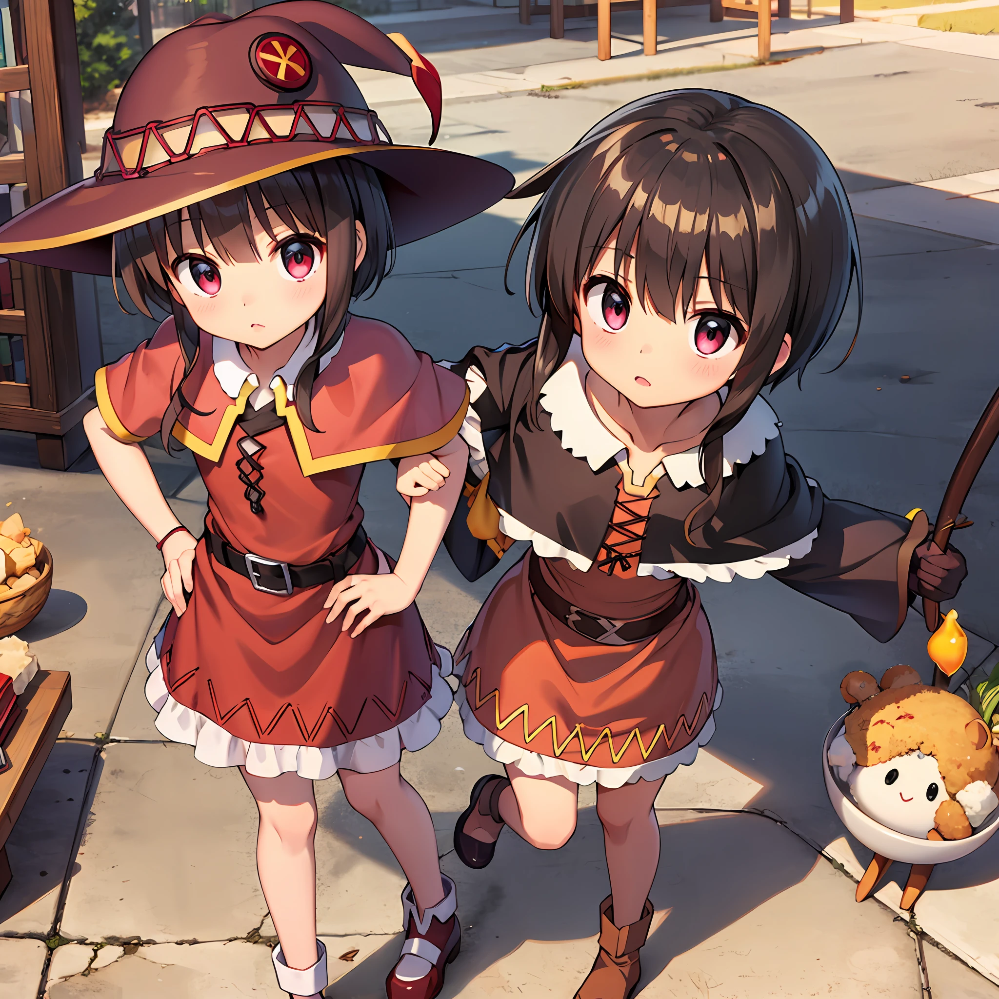 master part, best quality, Altas, HMBK1, 1girl_megumin_konosuba, cabelos curtos, olhos cor-vermelho, Capelet vermelho, fita, luvas brancas, vestido rosa, Frescuras, ao ar livre, cidade, hand on hip, Standing,