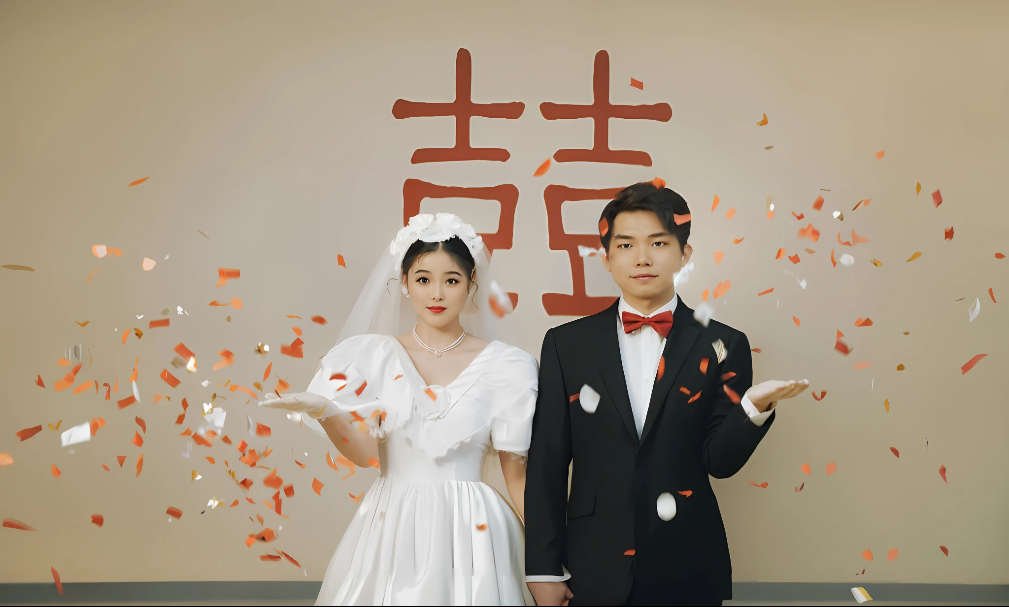 The bride and groom stand in front of the wall，Holding confetti, wedding photo, Ruan Jia and Fenghua Zhong, shaxi, affable ， wenjun lin, Bride and groom, Taoist, celebrating an illegal marriage, author：Ke Jiusi, Still from the movie, a still of a happy, yanjun cheng, Middle metaverse