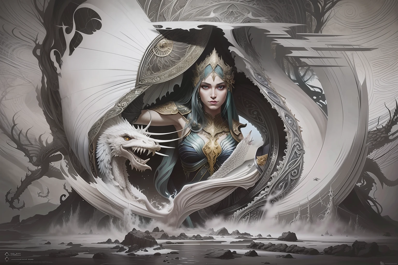 Close-up of a woman in a cave with a dragon, Symmetrical epic fantasy art, detailed fantasy art, Fantasy art Behance, highly detailed fantasy art, detailed fantasy digital art, Detailed fantasy illustration, detailed matte fantasy portrait, fantasy art illustration, an ominous fantasy illustration, epic fantasy illustration, Epic fantasy digital art style, karol bak and peter mohrbacher --auto