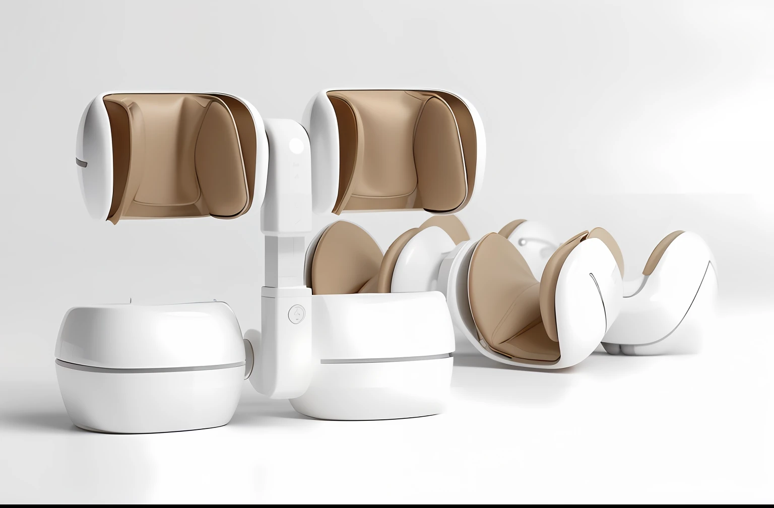 There are four white earbuds sitting on the white surface, product design render, Product rendering, Massage machine on the floor, 3 d product render, Product photo, product design shot, futuristic product design, pods, high res render, author:Alexander Kosis, author:Anna Fossley, author:Matthia Jama, twinmotion render, robotic limb