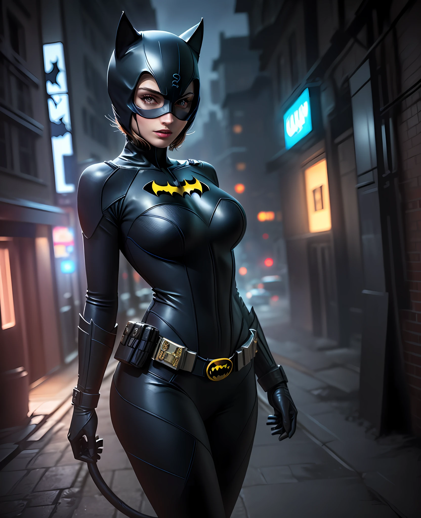 Batman's Catwoman is a life-size version of the character, 3d render da mulher-gato, Mulher-gato, Margot Robbie como Mulher-gato, Margot Robbie como Mulher Gato, Emma Watson como Mulher-gato, CGSetivity UHD 4K altamente detalhado, Mulher do gato, Anigirl Batman, em Batman : Cavaleiro Arkham, 8K Artgerm Bokeh, 8k render"